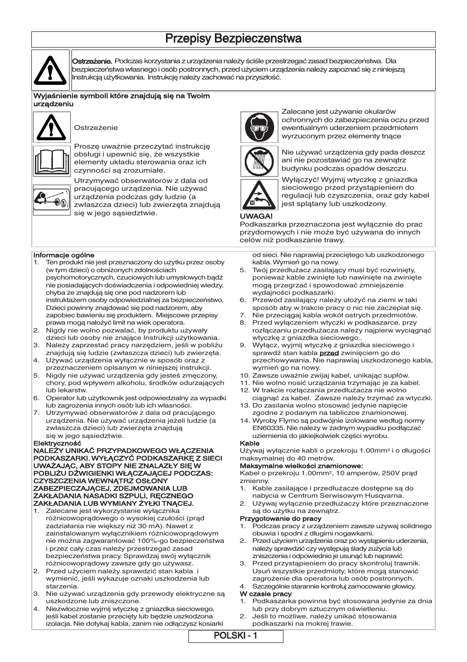 Przepisy bezpieczenstwa, Polski - 1 | Flymo 600 HD User Manual | Page 44 / 80