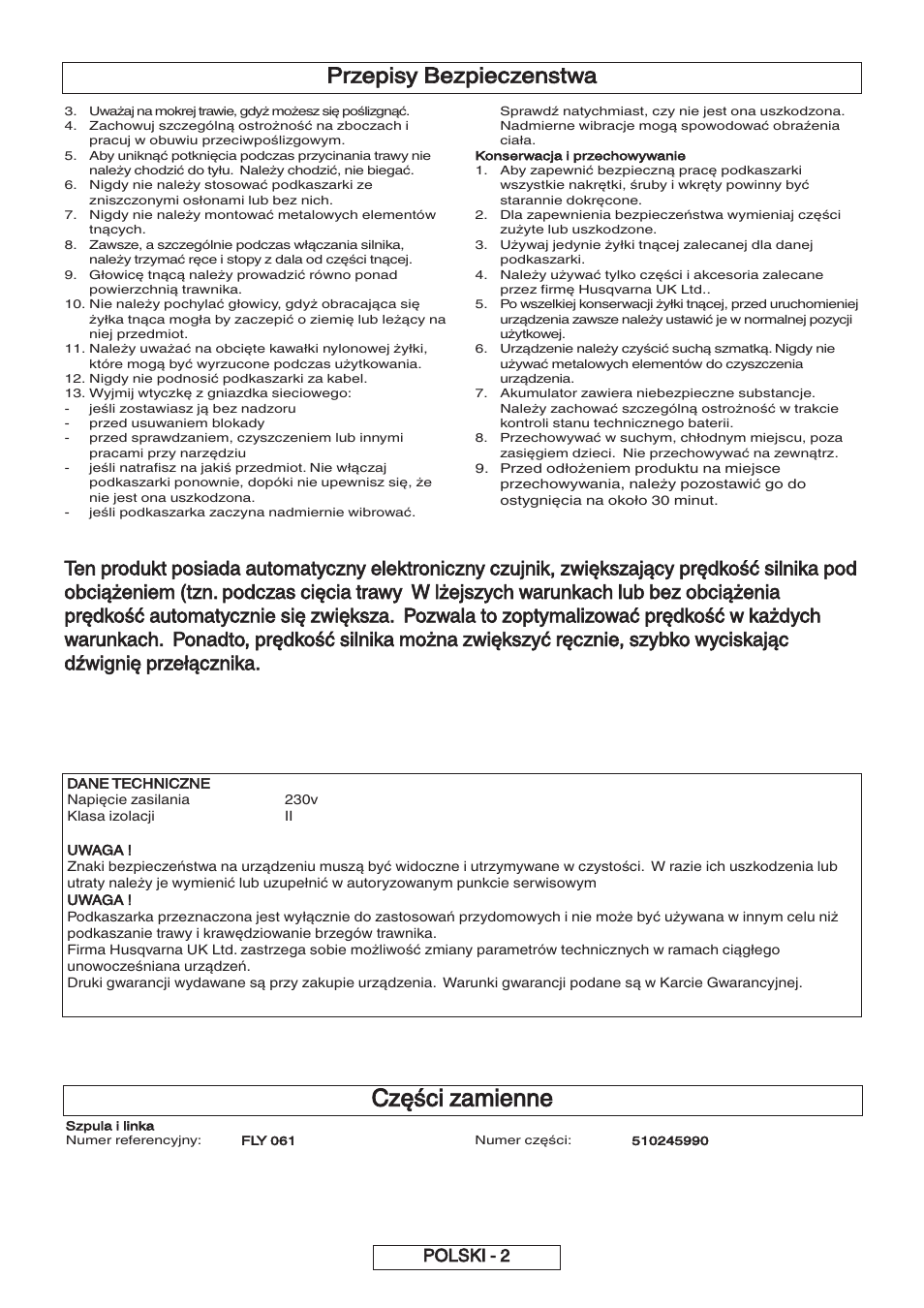 Części zamienne, Przepisy bezpieczenstwa, Polski - 2 | Flymo 600 HD User Manual | Page 45 / 80