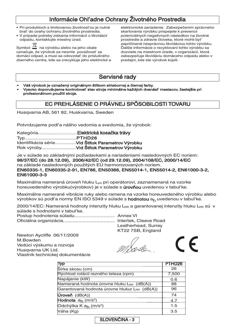 Informácie ohl’adne ochrany životného prostredia, Servisné rady, Ec prehlásenie o právnej spôsobilosti tovaru | Flymo 600 HD User Manual | Page 52 / 80