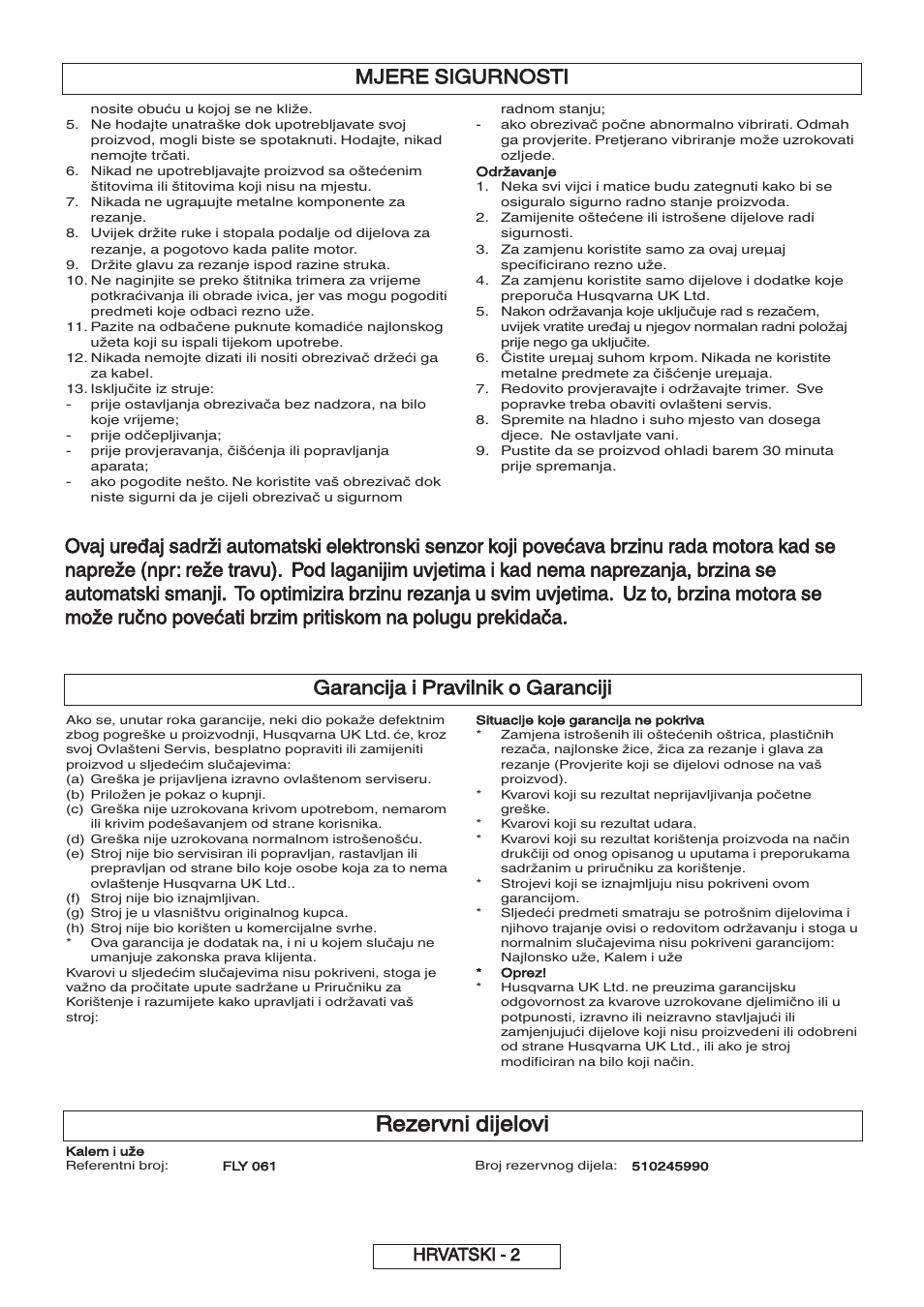 Rezervni dijelovi, Garancija i pravilnik o garanciji, Mjere sigurnosti | Hrvatski - 2 | Flymo 600 HD User Manual | Page 57 / 80