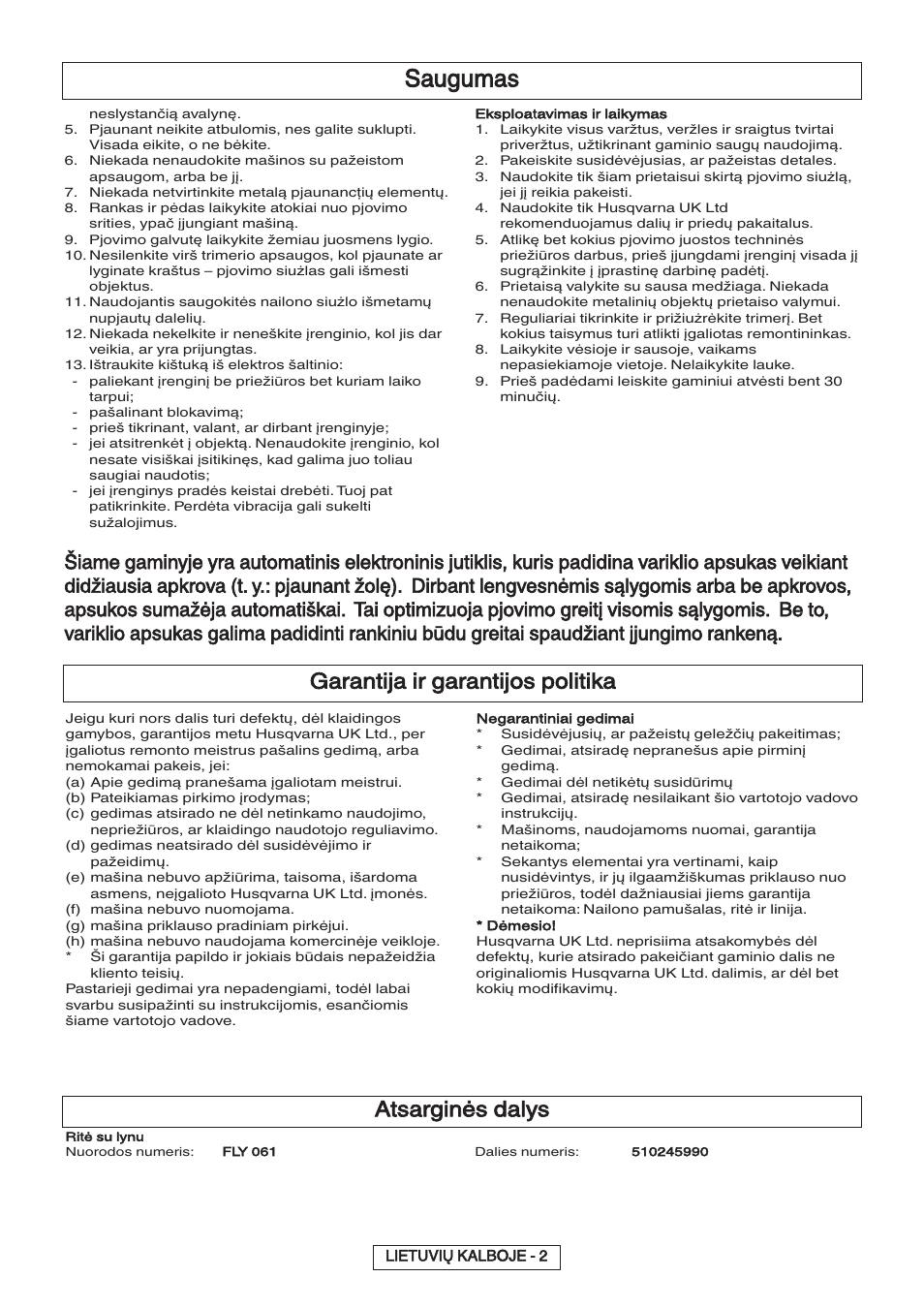 Saugumas, Garantija ir garantijos politika, Atsarginės dalys | Flymo 600 HD User Manual | Page 60 / 80