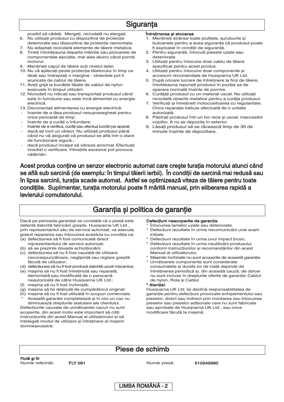 Garanţia și politica de garanţie, Siguranţa, Piese de schimb | Limba română - 2 | Flymo 600 HD User Manual | Page 72 / 80