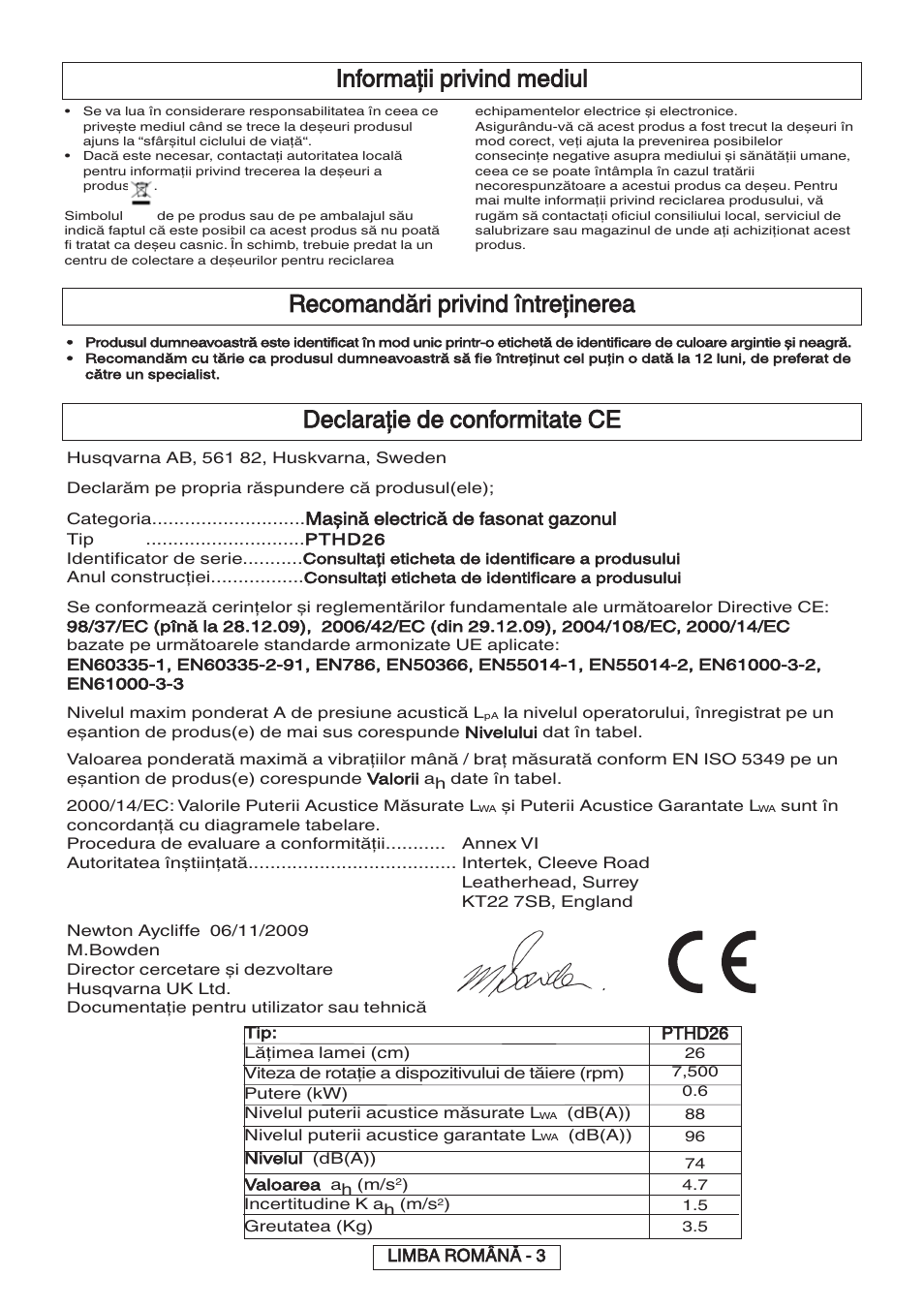 Declaraţie de conformitate ce, Informaţii privind mediul, Recomandări privind întreţinerea | Flymo 600 HD User Manual | Page 73 / 80