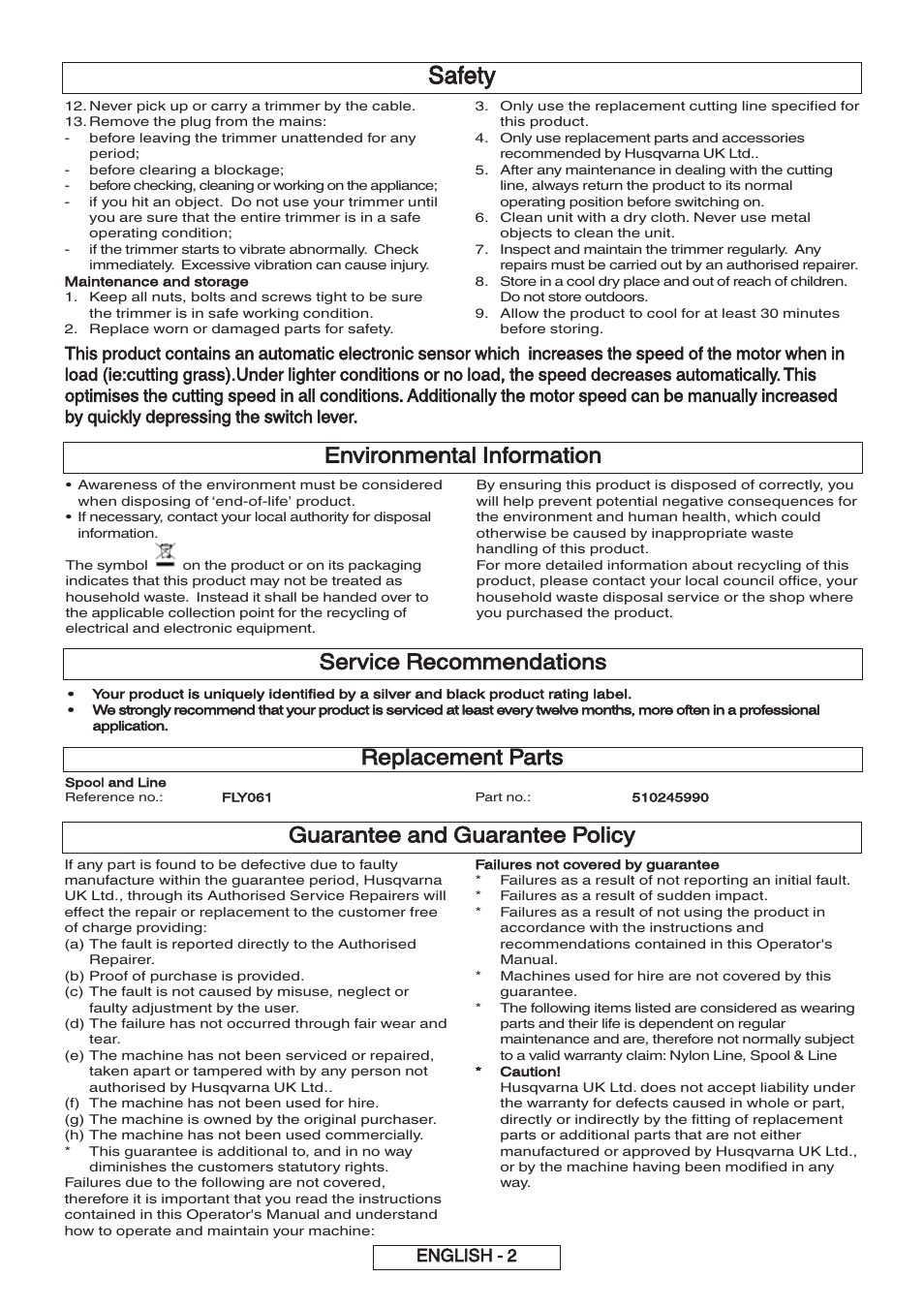 Safety, Environmental information, Guarantee and guarantee policy | Service recommendations, Replacement parts, English - 2 | Flymo 600 HD User Manual | Page 9 / 80