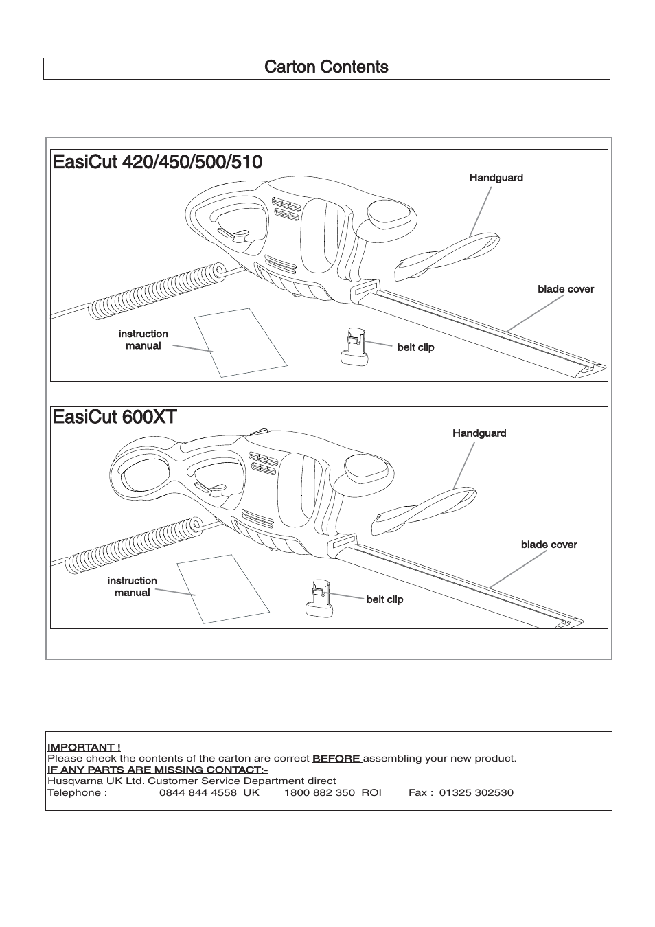 Carton contents | Flymo EasiCut 510 User Manual | Page 2 / 9