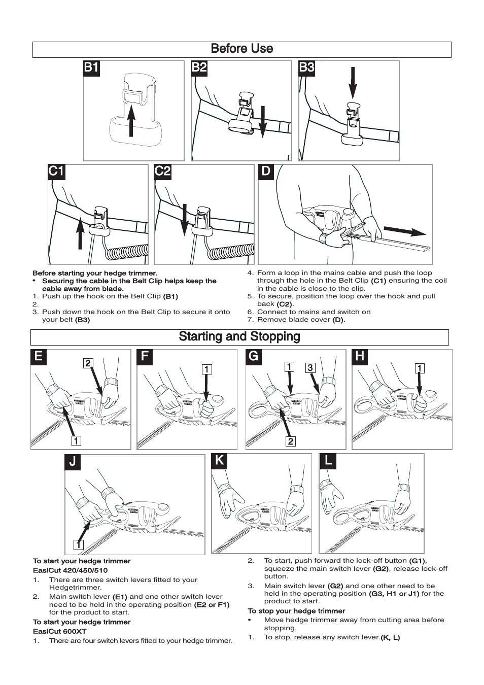 Before use, Starting and stopping | Flymo EasiCut 510 User Manual | Page 6 / 9