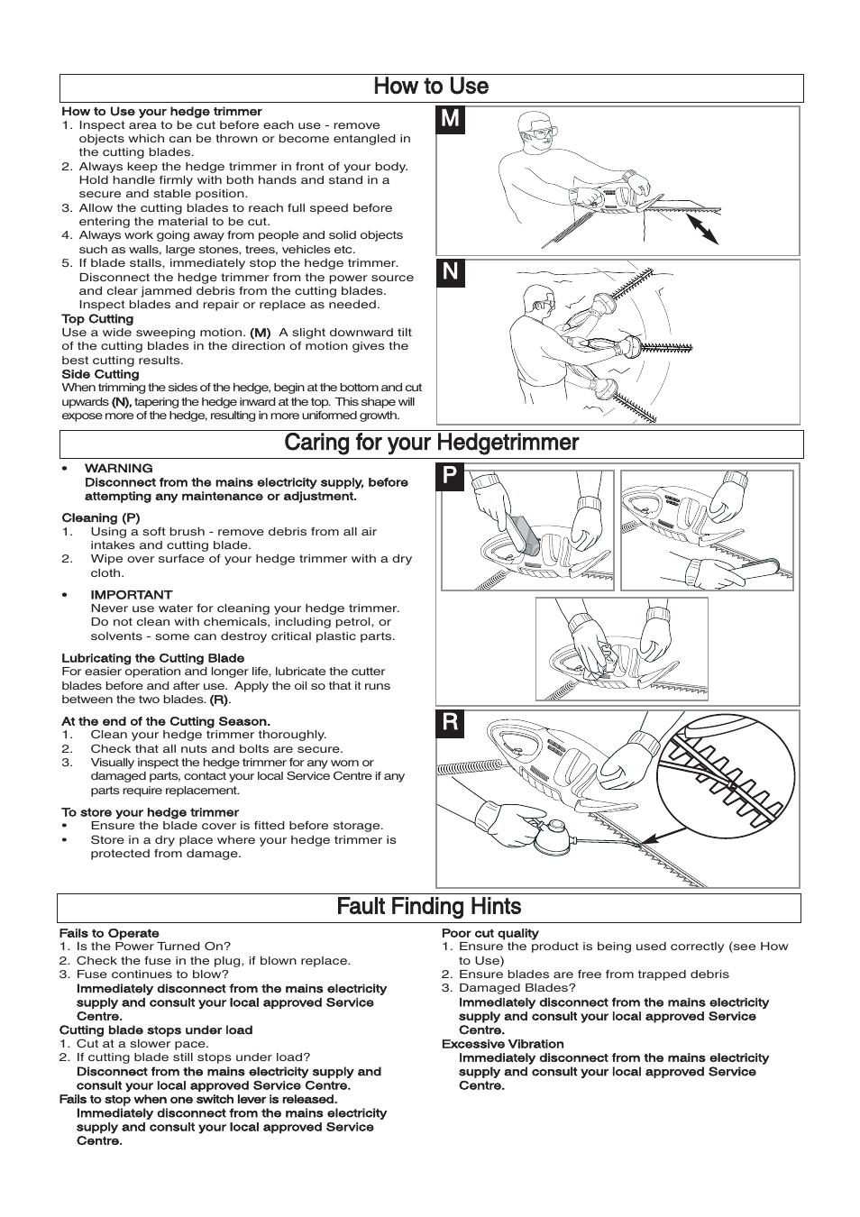 How to use, Caring for your hedgetrimmer, Fault finding hints | How to use caring for your hedgetrimmer, Mn fault finding hints | Flymo EasiCut 510 User Manual | Page 7 / 9