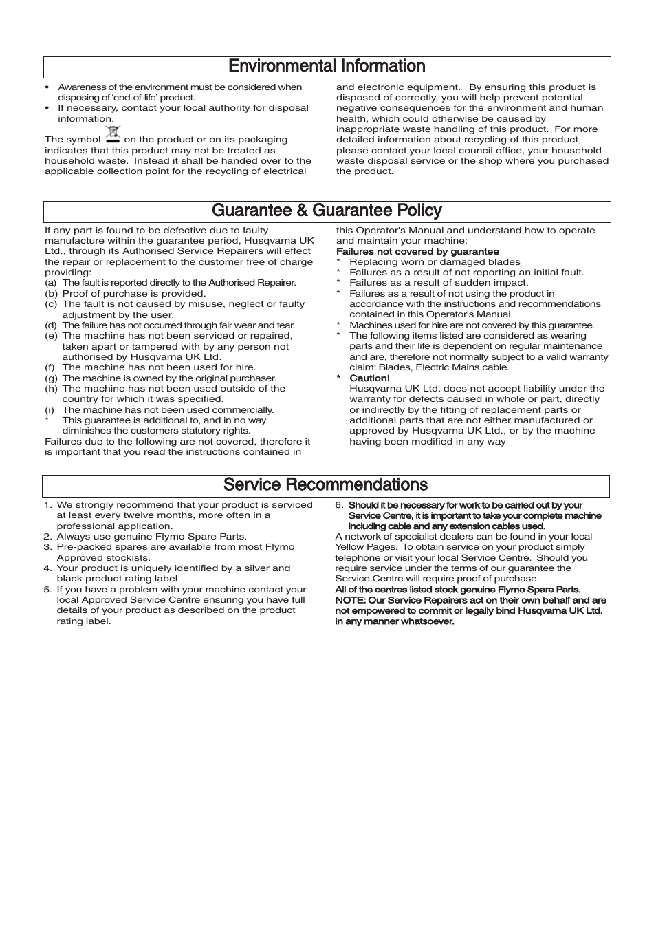 Environmental information, Guarantee & guarantee policy, Service recommendations | Flymo EasiCut 510 User Manual | Page 8 / 9