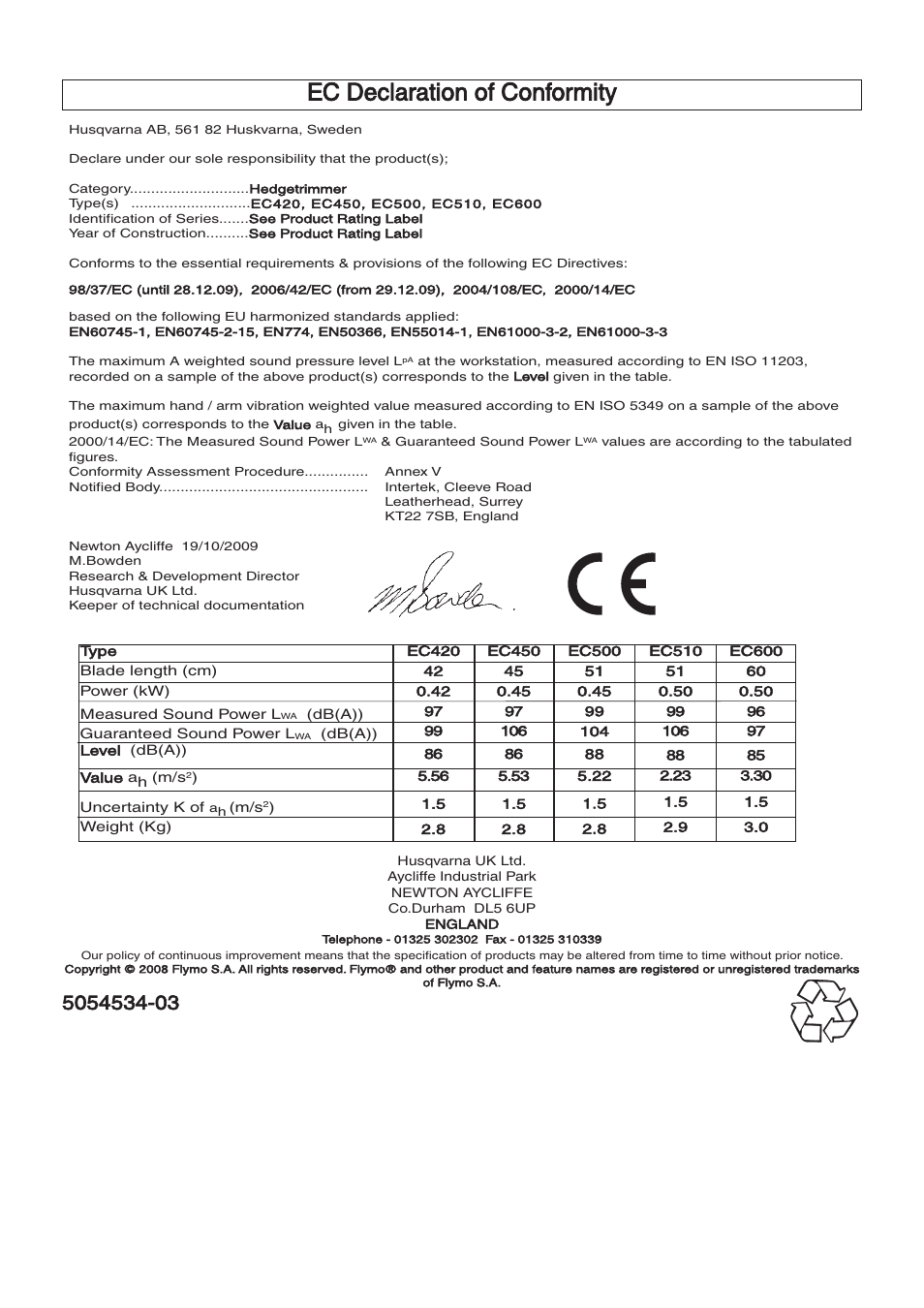 Ec declaration of conformity | Flymo EasiCut 510 User Manual | Page 9 / 9