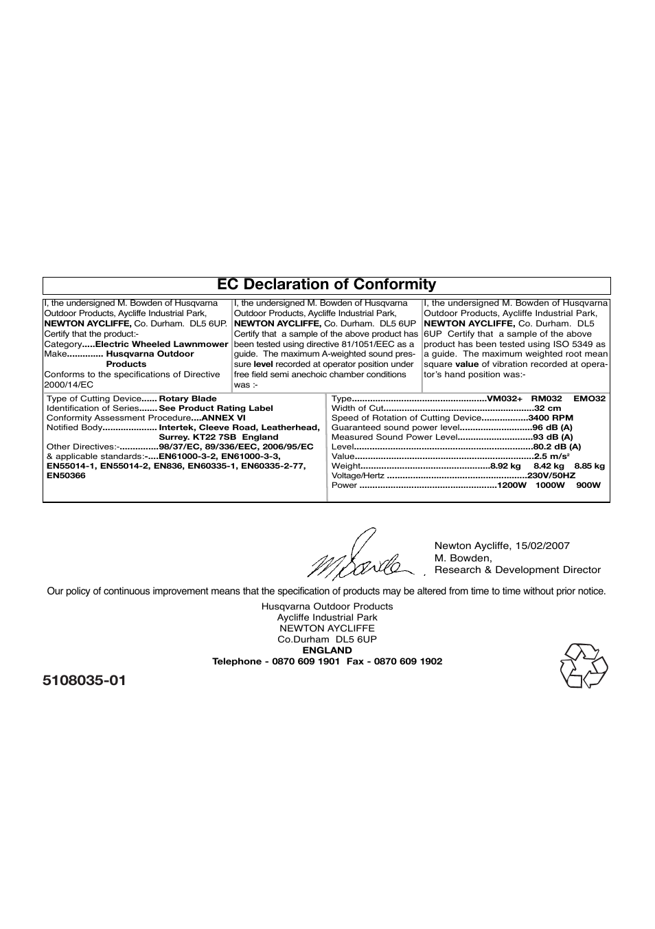 Ec declaration of conformity | Flymo ROLLERMO RM032 User Manual | Page 10 / 10