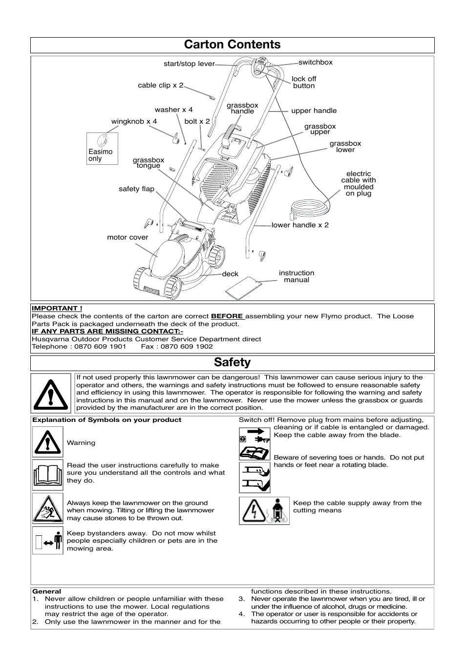 Carton contents, Safety | Flymo ROLLERMO RM032 User Manual | Page 2 / 10