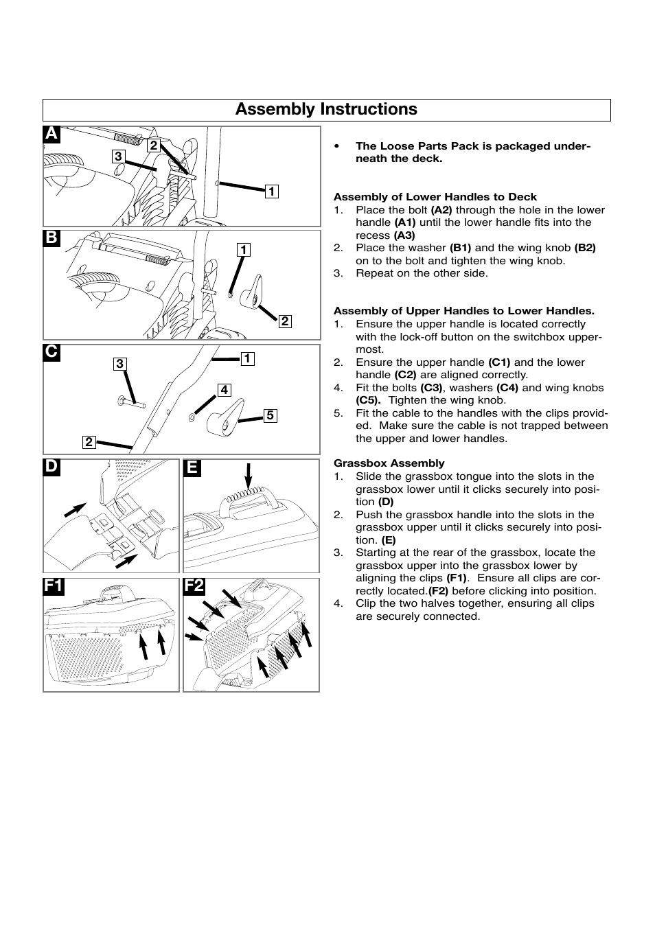 Assembly instructions, Assembly instructions b c d, Ef1 f2 | Flymo ROLLERMO RM032 User Manual | Page 4 / 10
