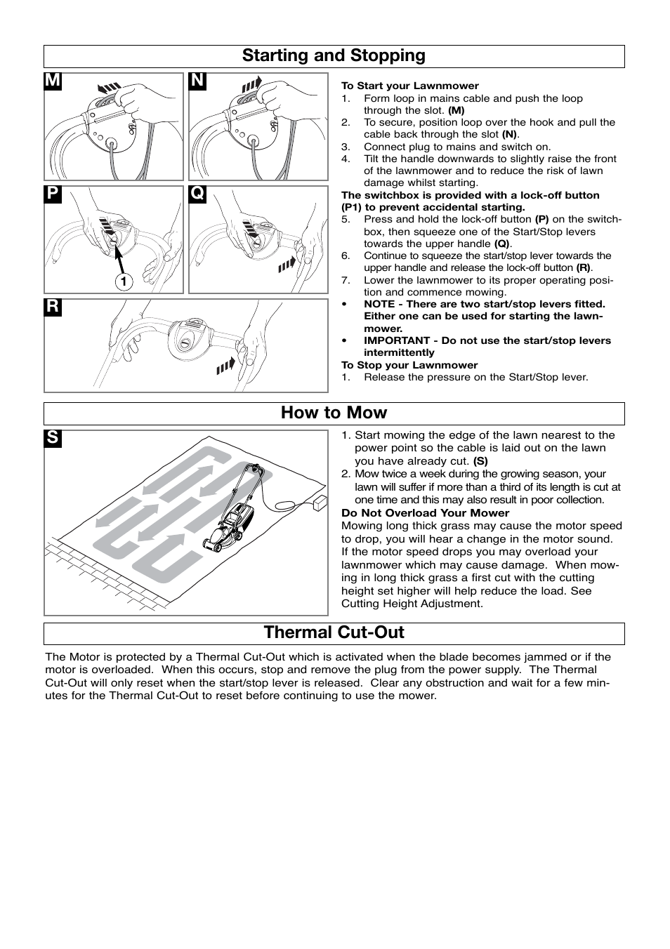 Starting and stopping, How to mow, Thermal cut-out | Mn r starting and stopping, How to mow s | Flymo ROLLERMO RM032 User Manual | Page 6 / 10