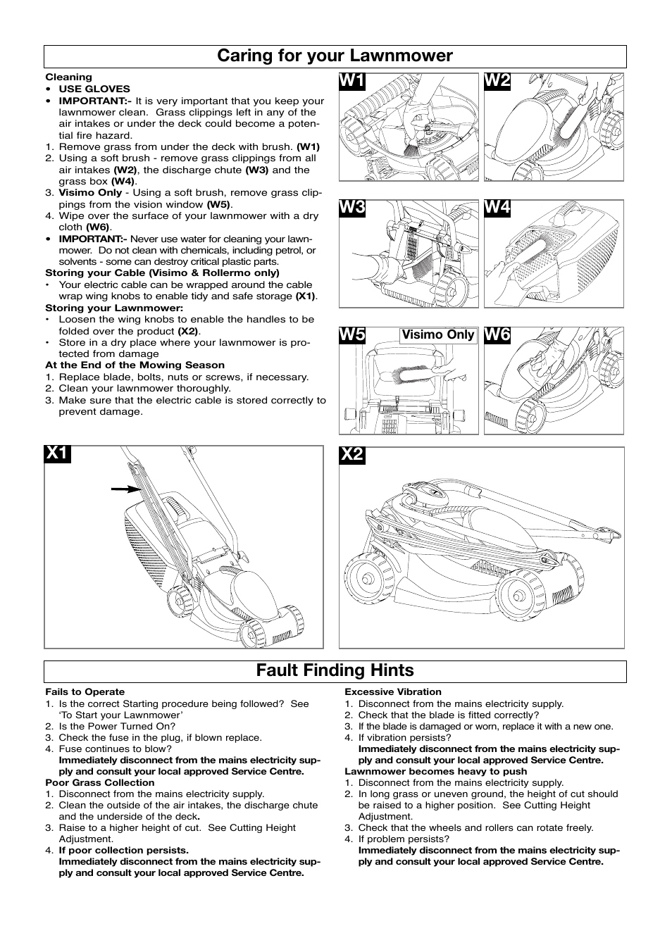 Caring for your lawnmower, Fault finding hints | Flymo ROLLERMO RM032 User Manual | Page 8 / 10