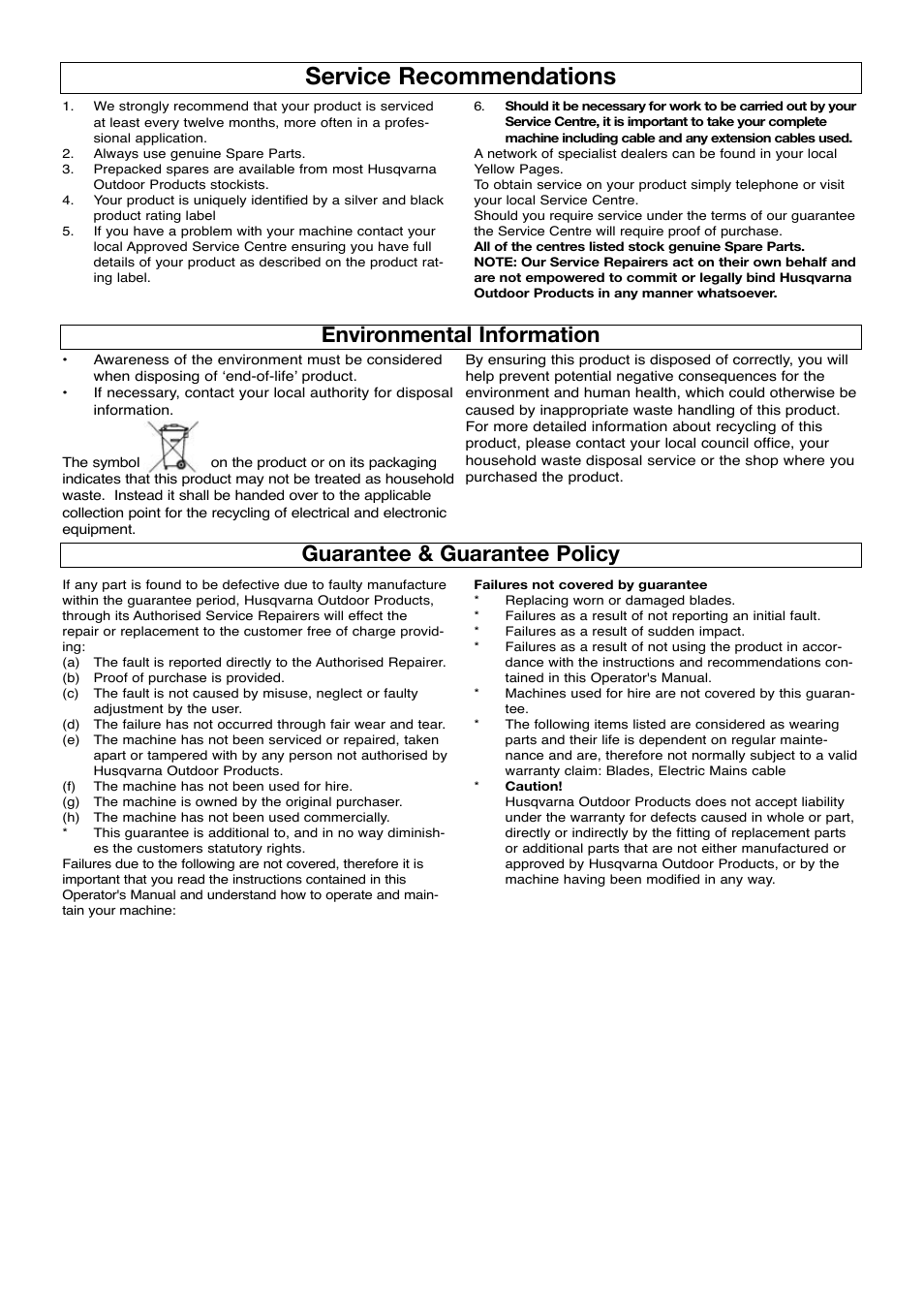 Service recommendations, Environmental information, Guarantee & guarantee policy | Flymo ROLLERMO RM032 User Manual | Page 9 / 10