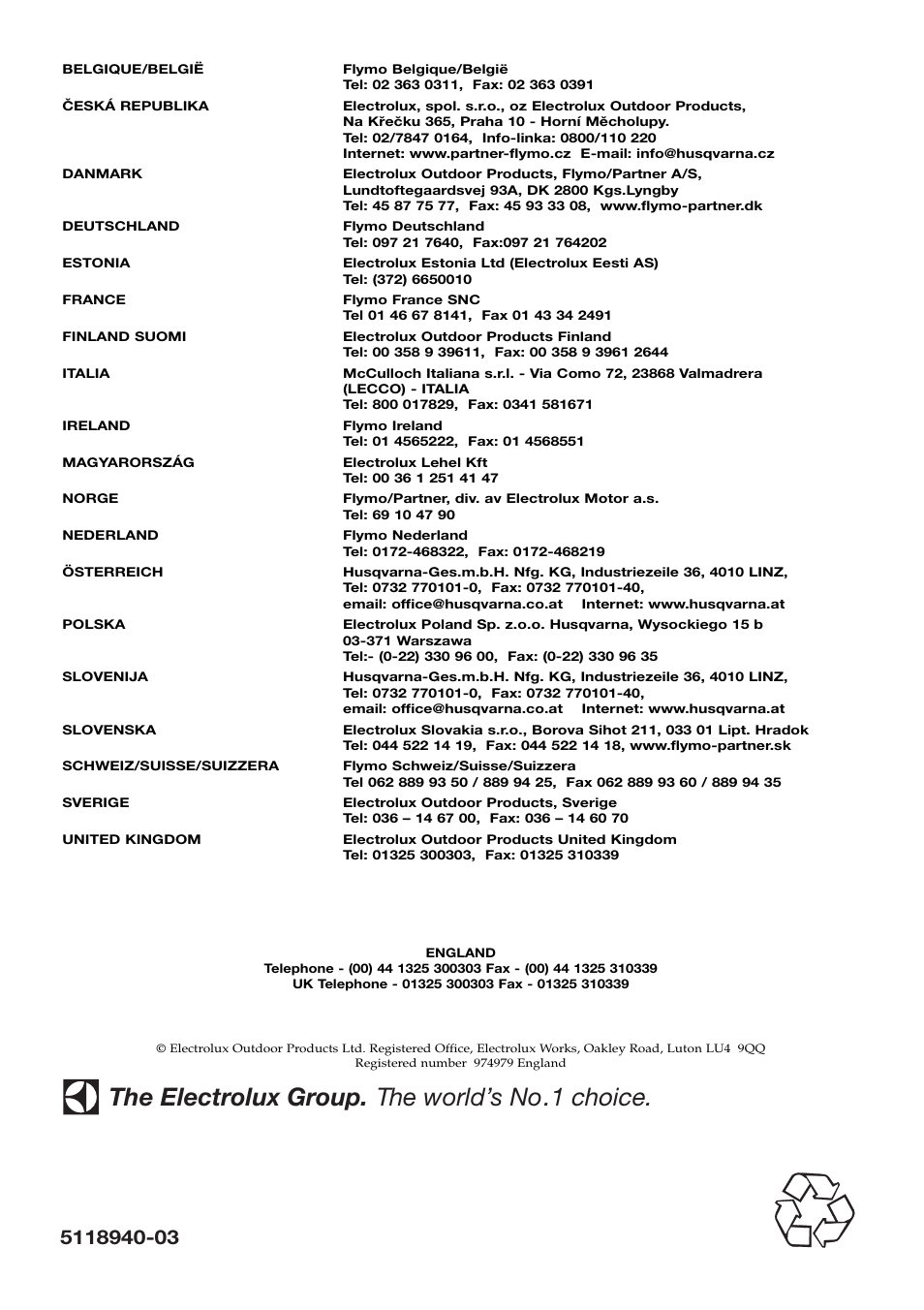 The electrolux group. the world’s no.1 choice | Flymo Electrolux CT250X User Manual | Page 14 / 14