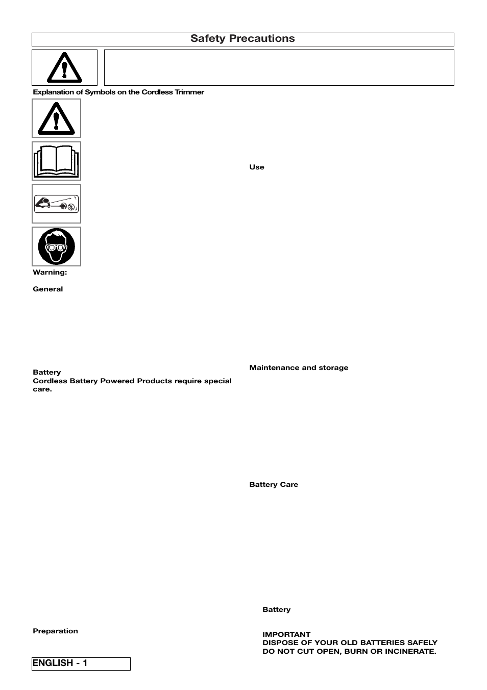 Safety precautions, English - 1 | Flymo Electrolux CT250X User Manual | Page 6 / 14