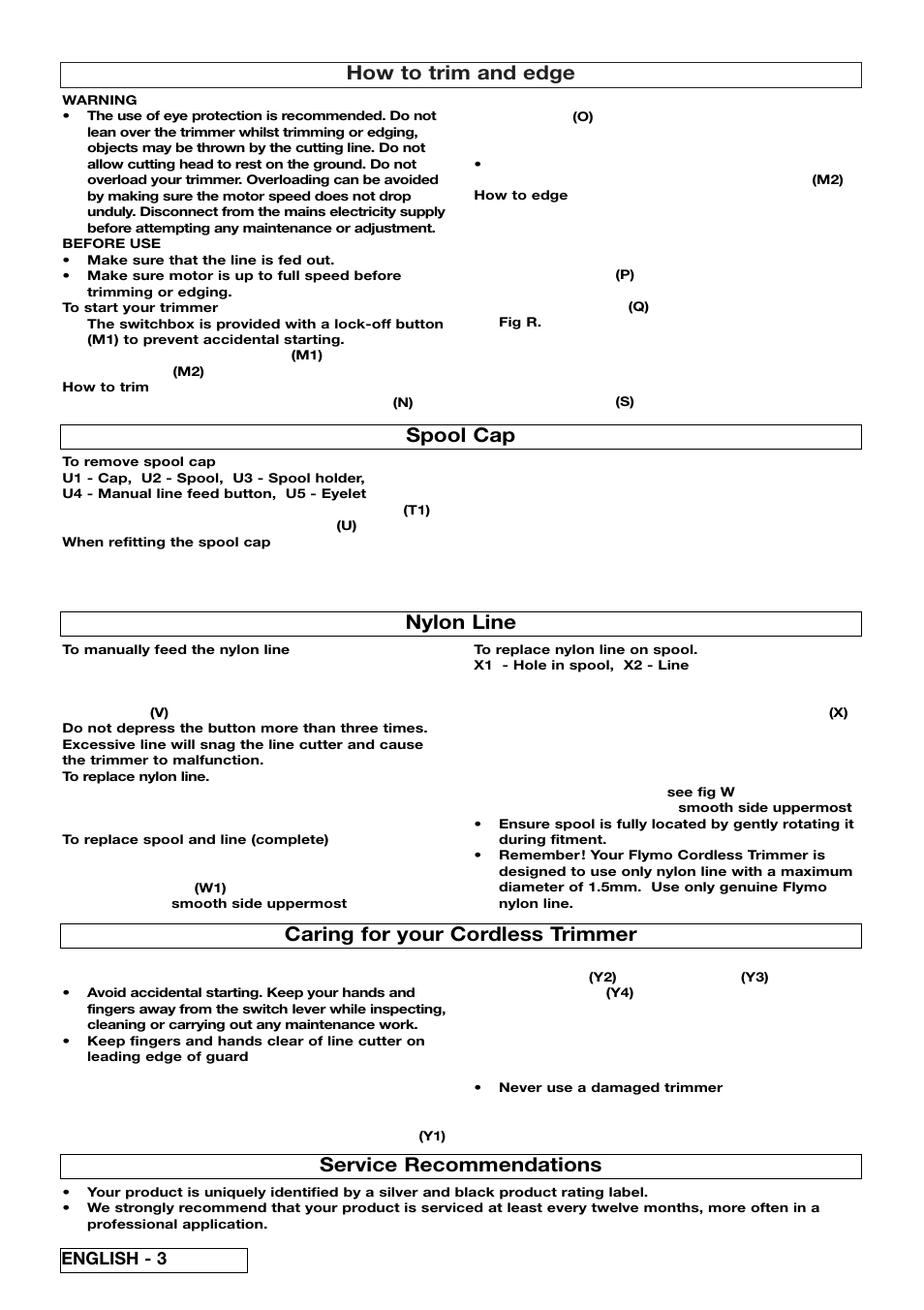 How to trim and edge, Spool cap, Nylon line | Caring for your cordless trimmer, Service recommendations, English - 3 | Flymo Electrolux CT250X User Manual | Page 8 / 14