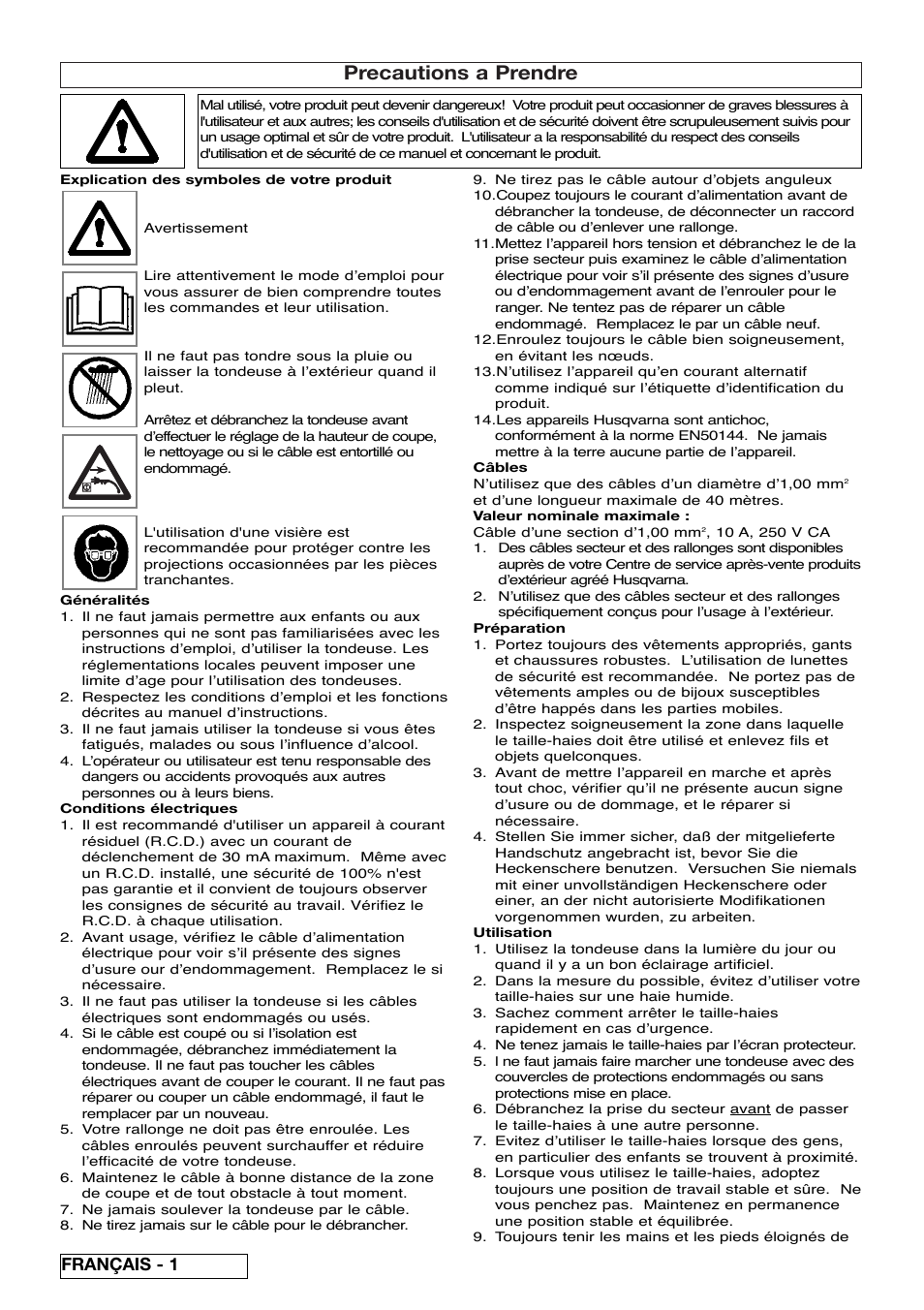 Precautions a prendre, Français - 1 | Flymo EASICUT 6000XT User Manual | Page 10 / 56