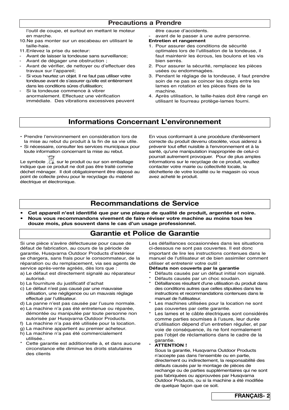 Garantie et police de garantie, Informations concernant l’environnement, Recommandations de service | Precautions a prendre, Français- 2 | Flymo EASICUT 6000XT User Manual | Page 11 / 56