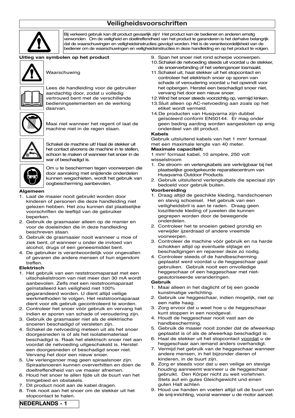 Veiligheidsvoorschriften, Nederlands - 1 | Flymo EASICUT 6000XT User Manual | Page 12 / 56