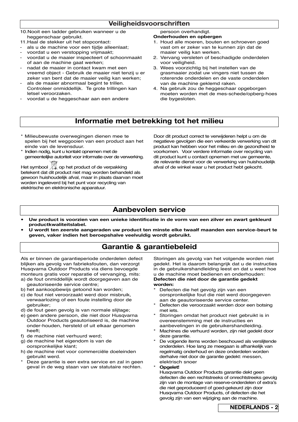 Garantie & garantiebeleid, Informatie met betrekking tot het milieu, Aanbevolen service | Veiligheidsvoorschriften, Nederlands - 2 | Flymo EASICUT 6000XT User Manual | Page 13 / 56