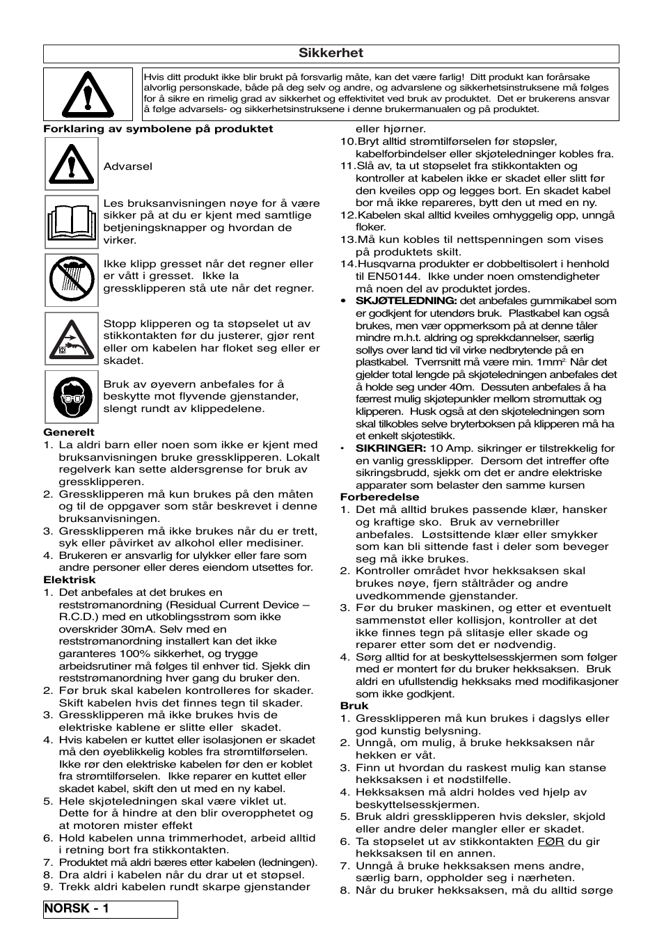 Sikkerhet, Norsk - 1 | Flymo EASICUT 6000XT User Manual | Page 14 / 56