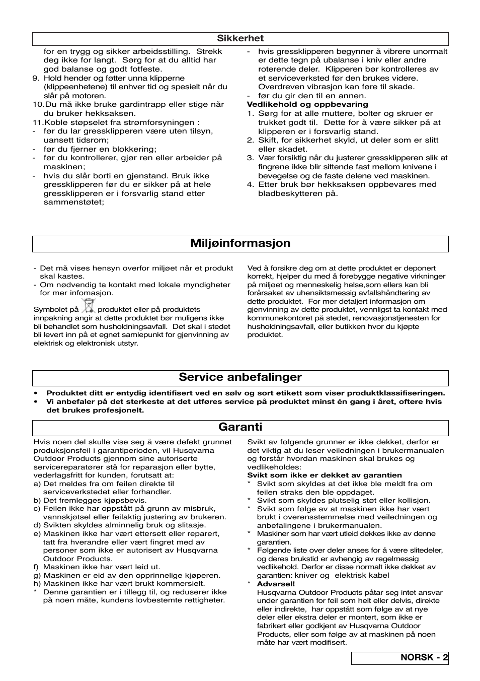 Garanti, Miljøinformasjon, Service anbefalinger | Sikkerhet, Norsk - 2 | Flymo EASICUT 6000XT User Manual | Page 15 / 56