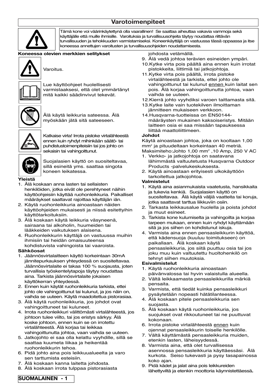 Varotoimenpiteet, Suomalainen - 1 | Flymo EASICUT 6000XT User Manual | Page 16 / 56