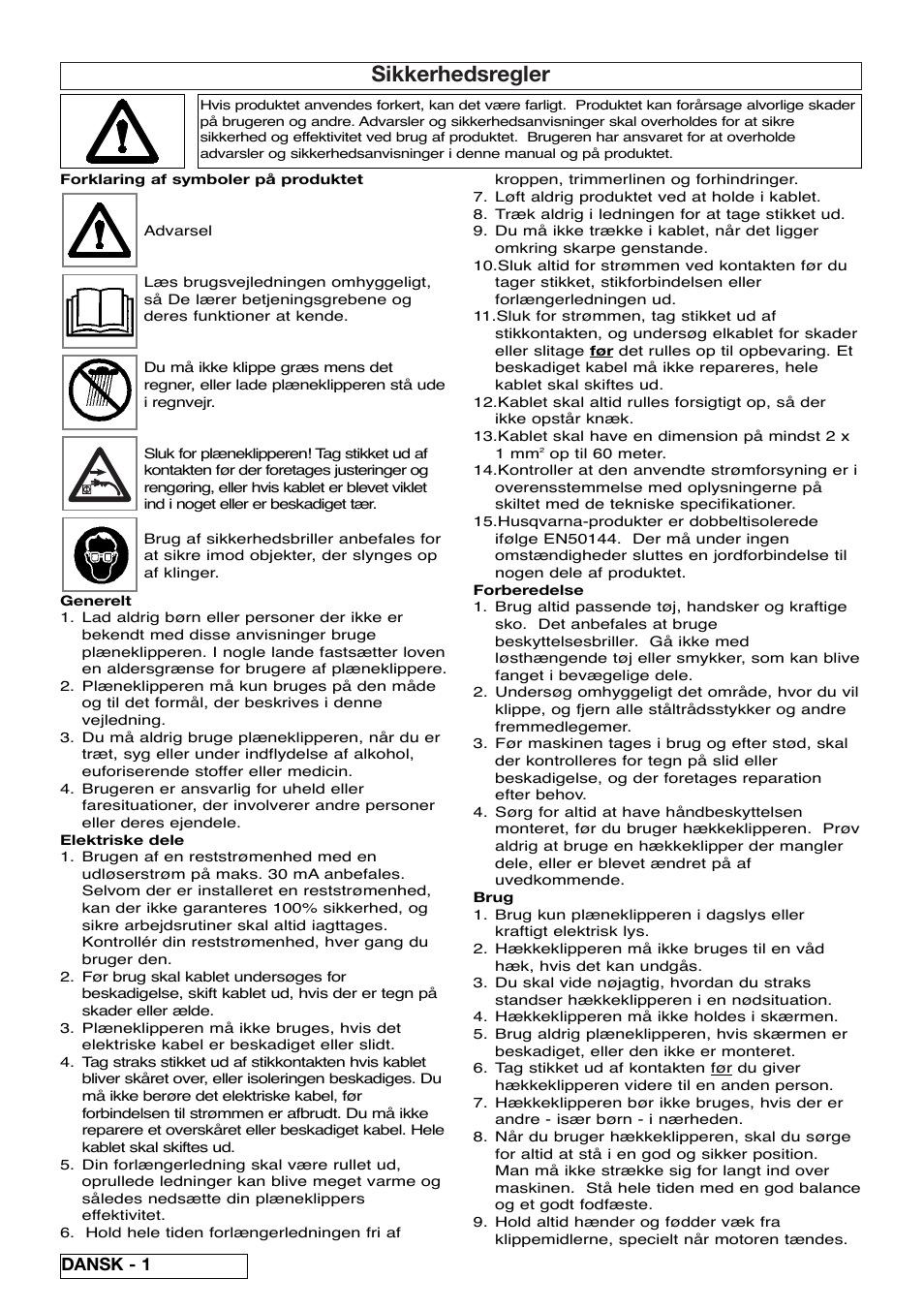 Sikkerhedsregler, Dansk - 1 | Flymo EASICUT 6000XT User Manual | Page 20 / 56