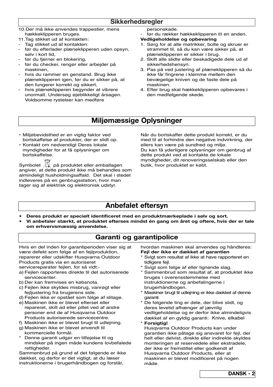 Miljømæssige oplysninger, Anbefalet eftersyn, Sikkerhedsregler | Garanti og garantipolice | Flymo EASICUT 6000XT User Manual | Page 21 / 56