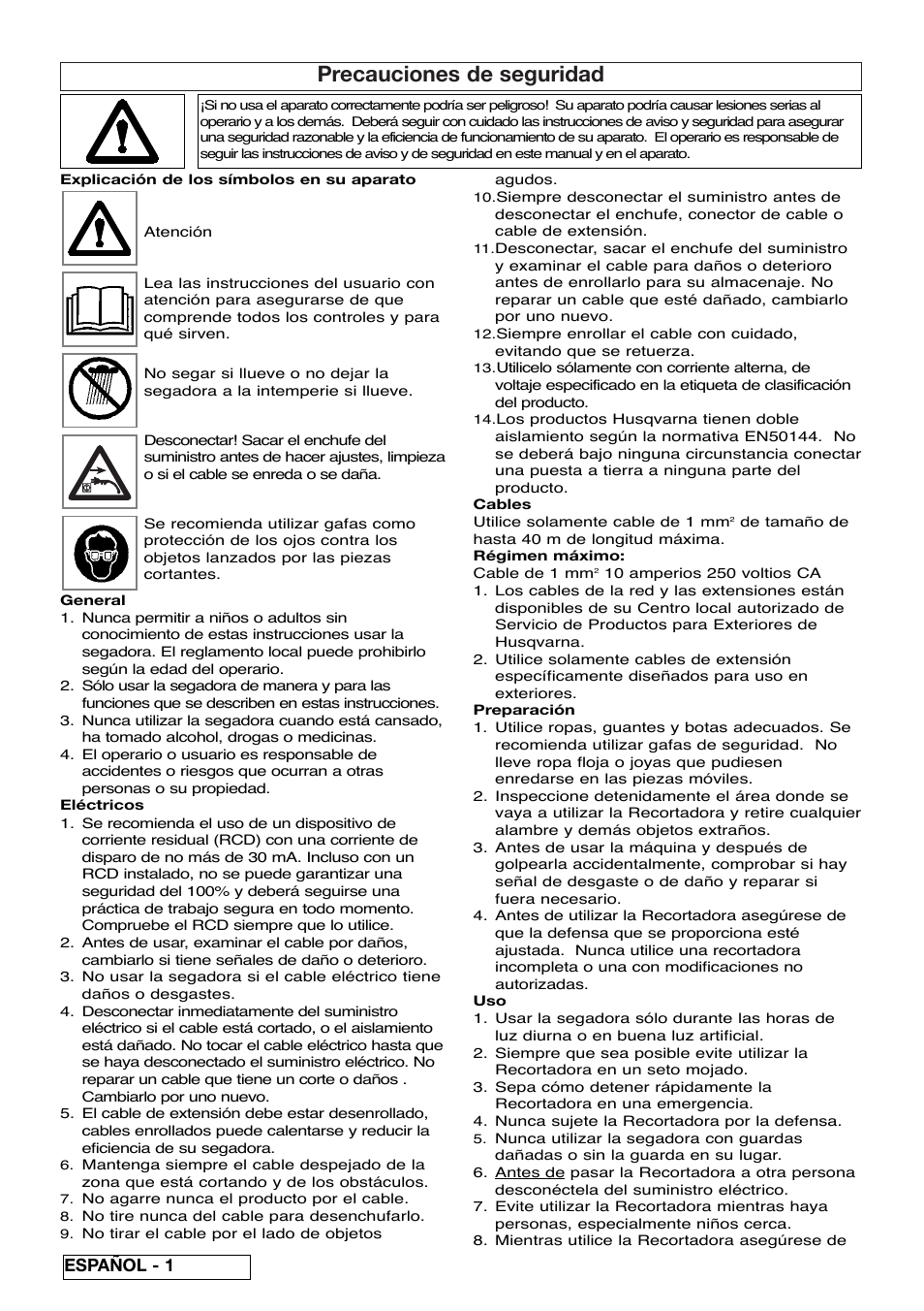 Precauciones de seguridad, Español - 1 | Flymo EASICUT 6000XT User Manual | Page 22 / 56
