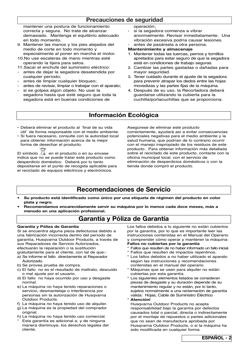 Garantía y póliza de garantía, Recomendaciones de servicio, Precauciones de seguridad | Información ecológica, Español - 2 | Flymo EASICUT 6000XT User Manual | Page 23 / 56