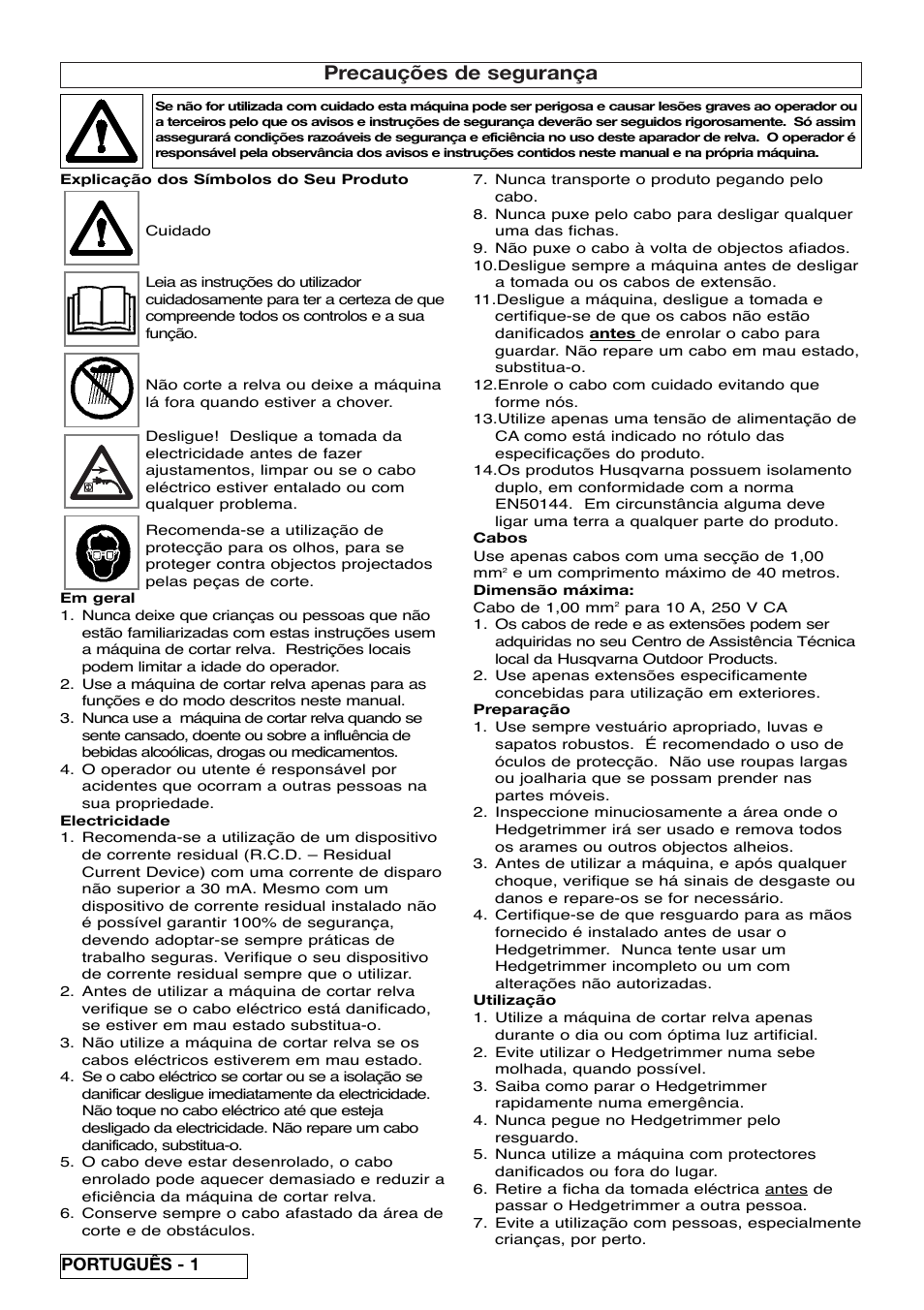 Precauções de segurança, Português - 1 | Flymo EASICUT 6000XT User Manual | Page 24 / 56