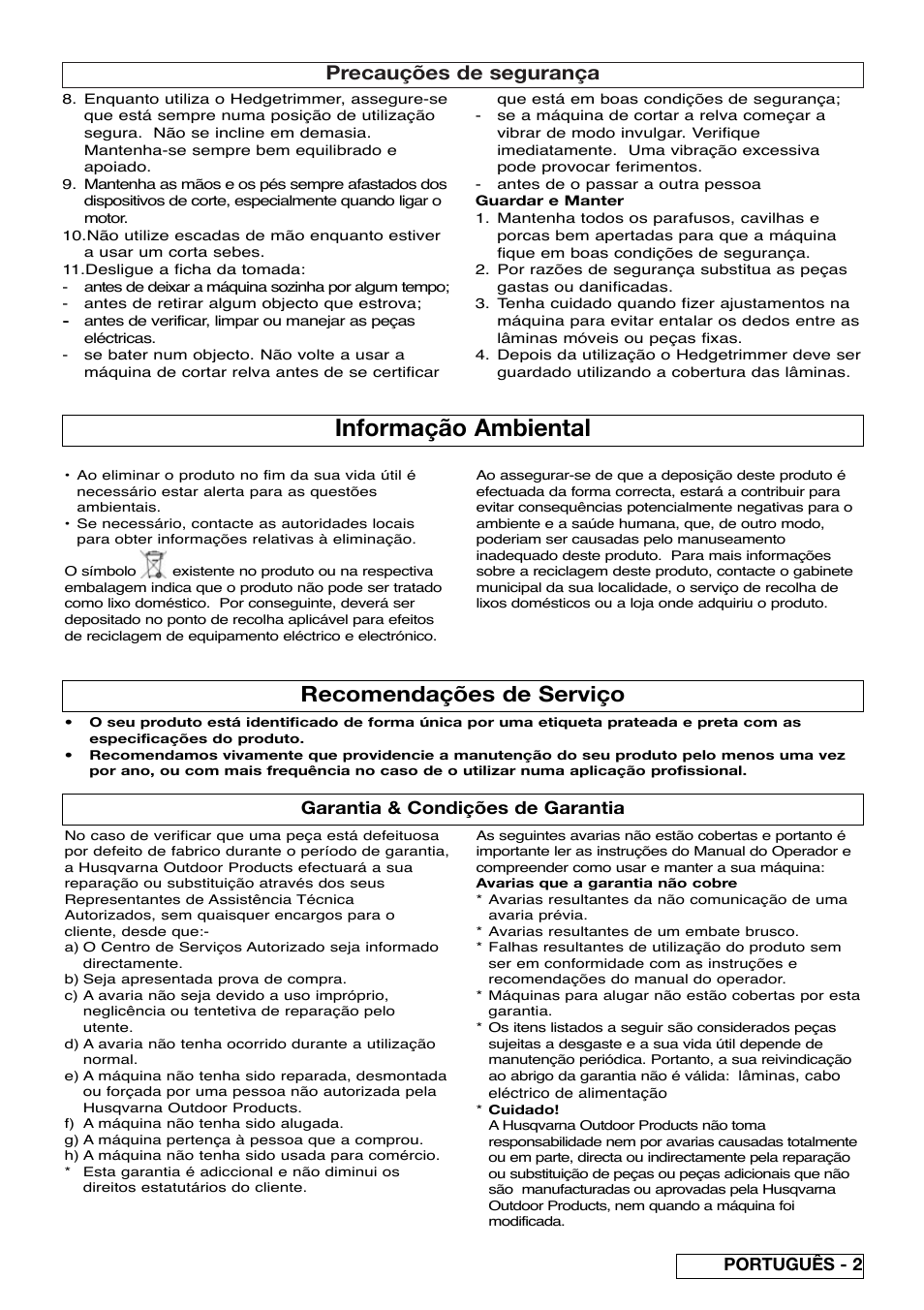 Informação ambiental, Recomendações de serviço, Precauções de segurança | Português - 2 garantia & condições de garantia | Flymo EASICUT 6000XT User Manual | Page 25 / 56