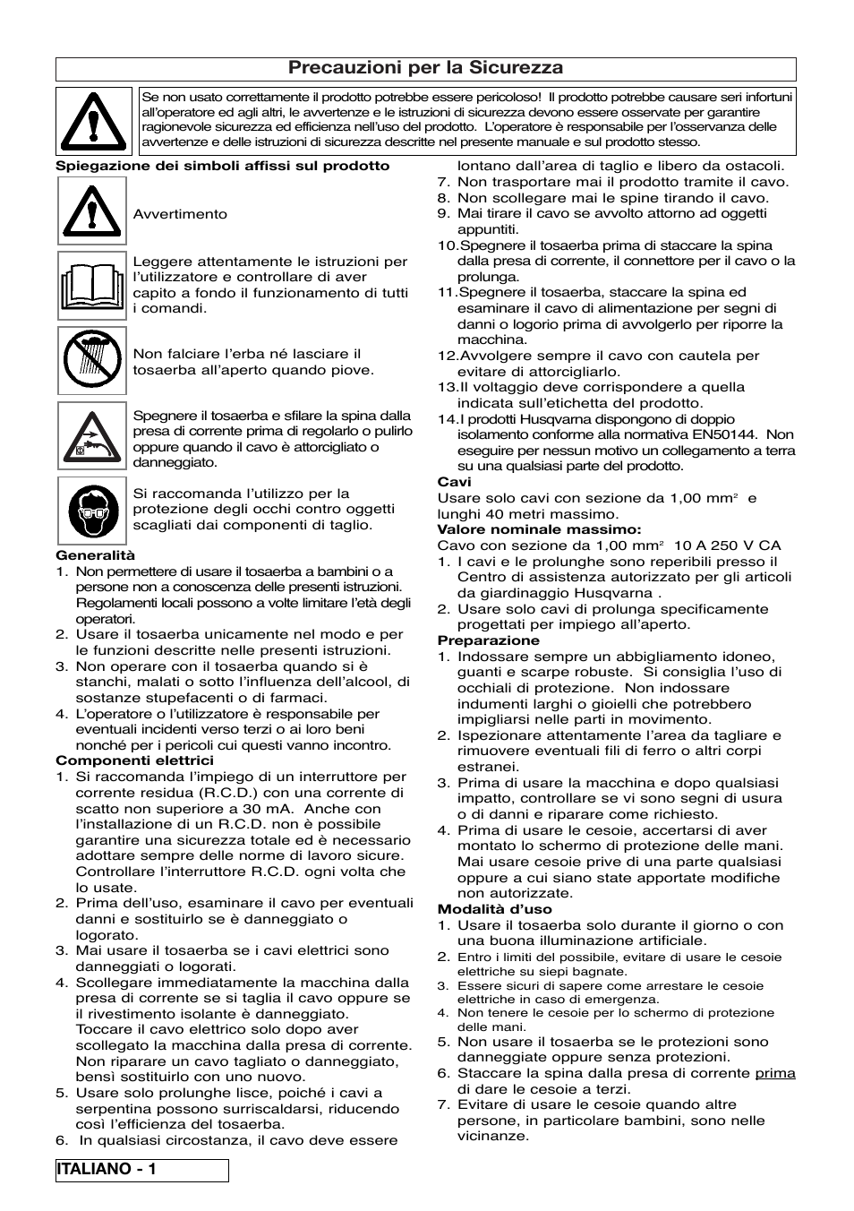 Precauzioni per la sicurezza, Italiano - 1 | Flymo EASICUT 6000XT User Manual | Page 26 / 56