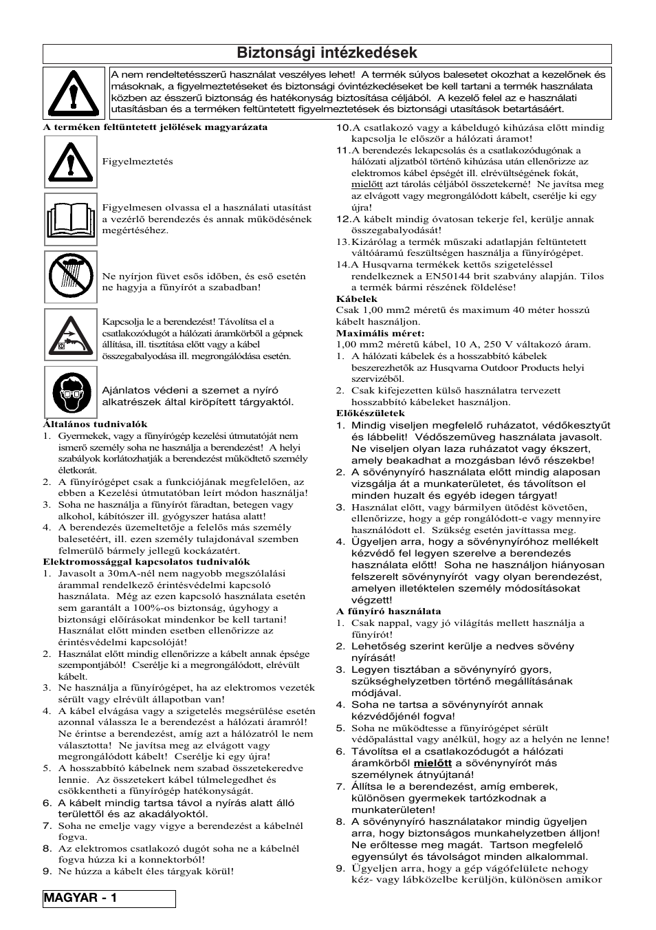 Biztonsági intézkedések, Magyar - 1 | Flymo EASICUT 6000XT User Manual | Page 28 / 56