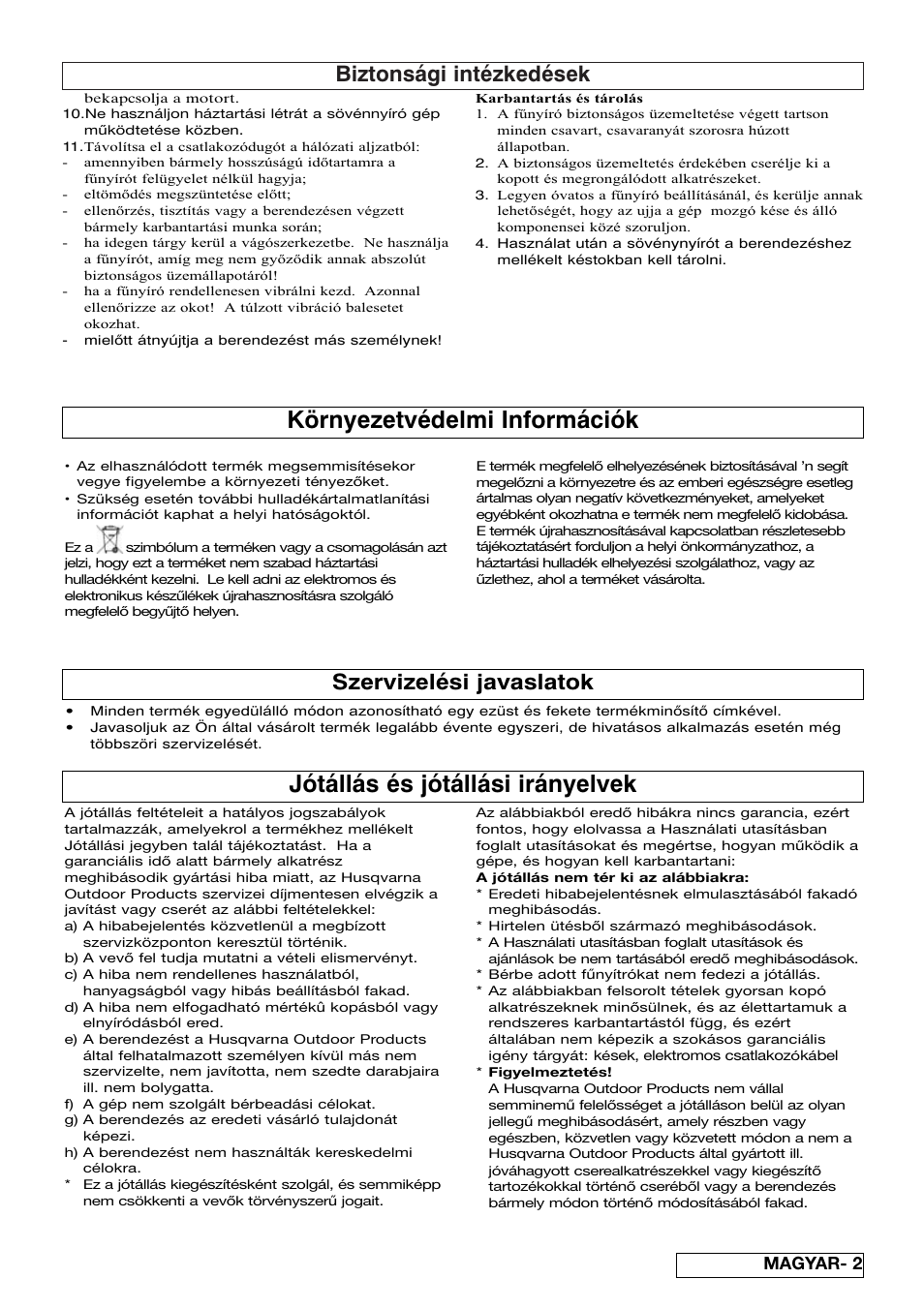 Jótállás és jótállási irányelvek, Környezetvédelmi információk, Biztonsági intézkedések | Szervizelési javaslatok, Magyar- 2 | Flymo EASICUT 6000XT User Manual | Page 29 / 56