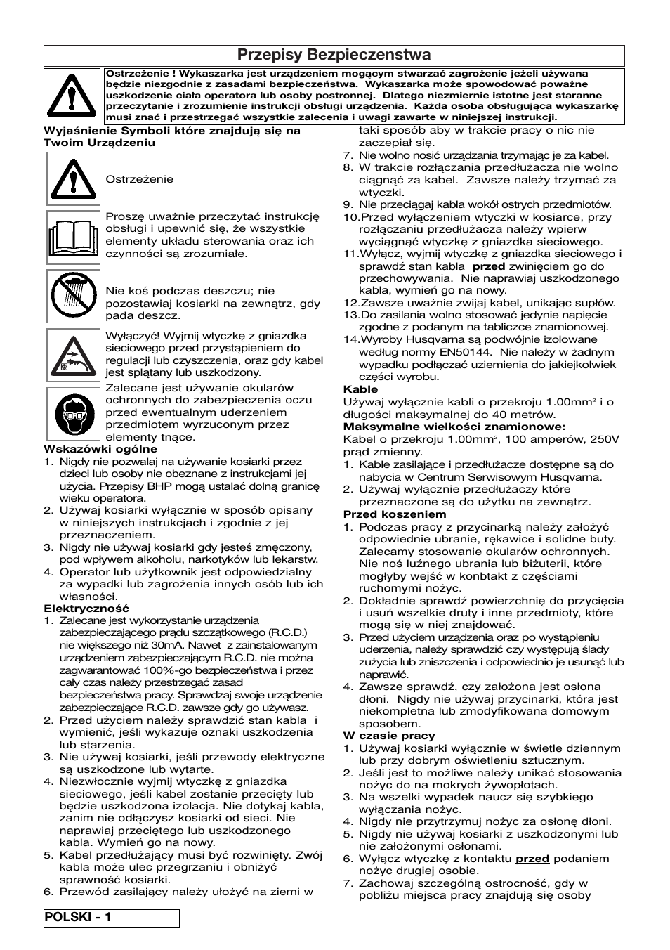 Przepisy bezpieczenstwa, Polski - 1 | Flymo EASICUT 6000XT User Manual | Page 30 / 56