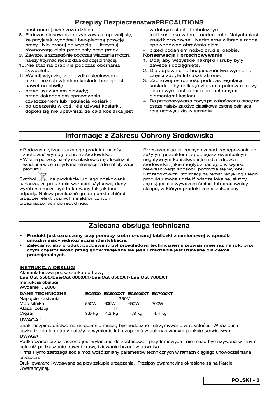 Informacje z zakresu ochrony środowiska, Zalecana obsługa techniczna, Przepisy bezpieczenstwa | Precautions, Polski - 2 | Flymo EASICUT 6000XT User Manual | Page 31 / 56