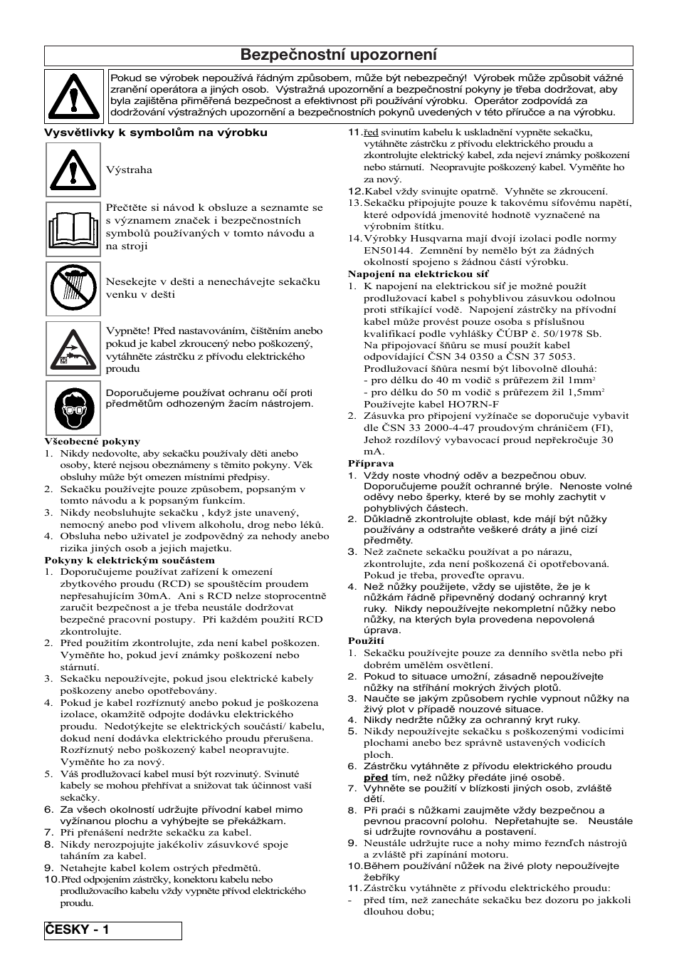 Bezpečnostní upozornení, Česky - 1 | Flymo EASICUT 6000XT User Manual | Page 32 / 56