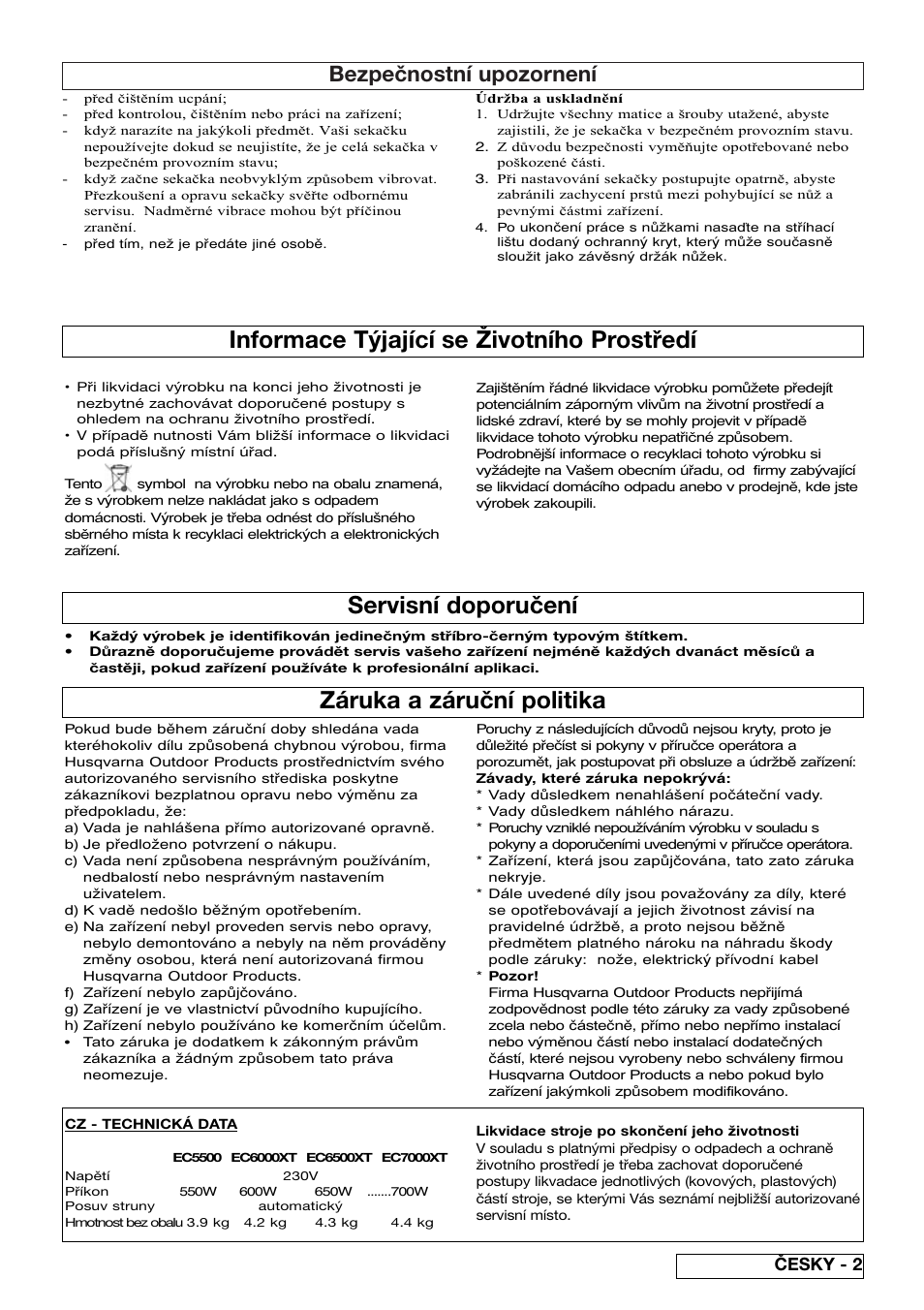 Informace týjající se životního prostředí, Záruka a záruční politika, Servisní doporučení | Bezpečnostní upozornení, Česky - 2 | Flymo EASICUT 6000XT User Manual | Page 33 / 56