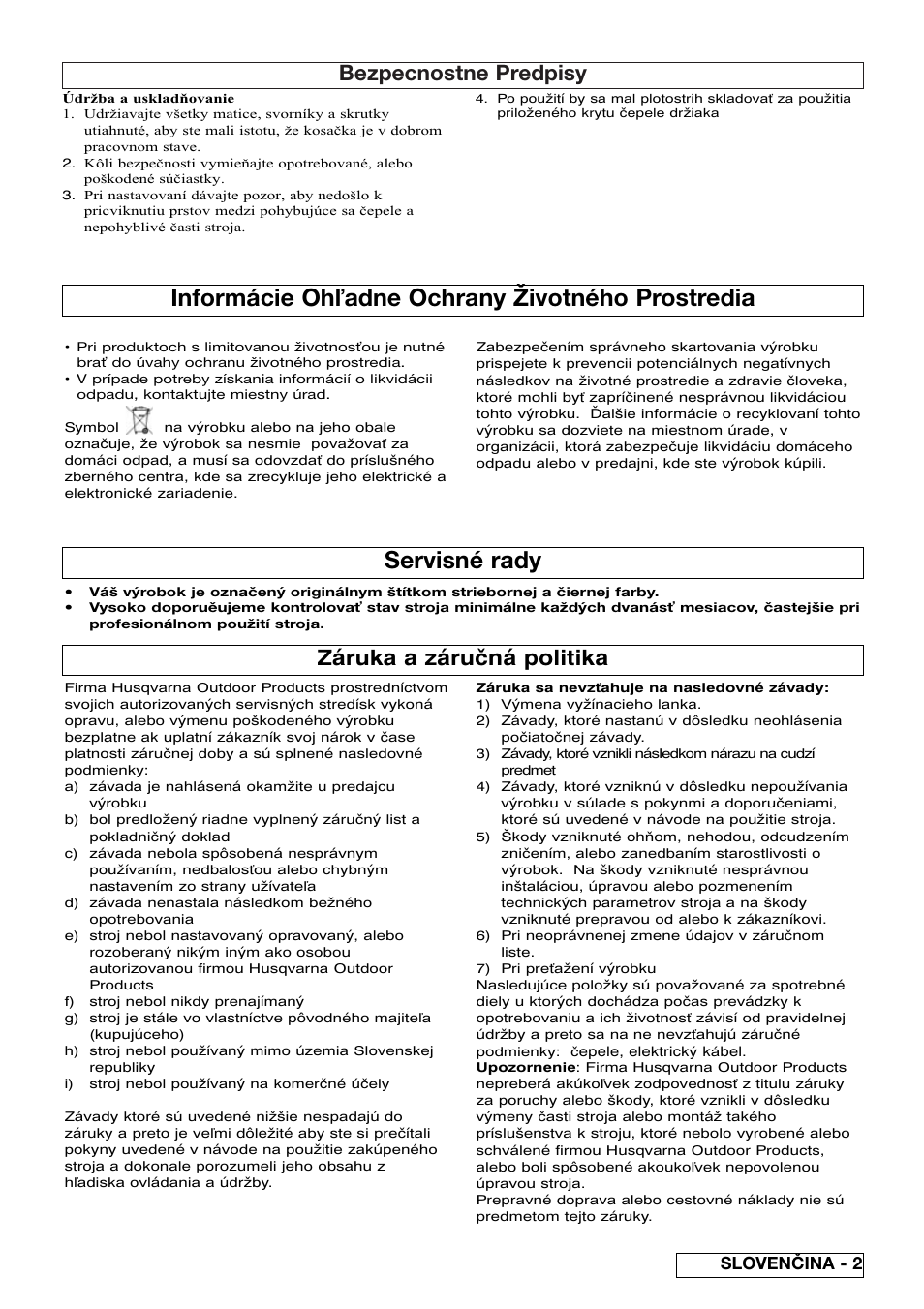 Informácie oh adne ochrany životného prostredia, Servisné rady, Bezpecnostne predpisy | Záruka a záručná politika, Slovenčina - 2 | Flymo EASICUT 6000XT User Manual | Page 35 / 56