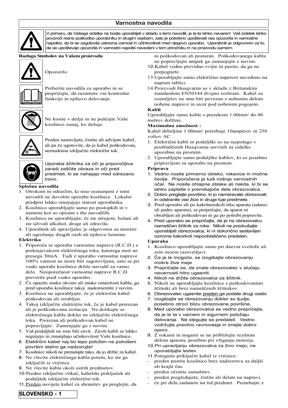 Varnostna navodila, Slovensko - 1 | Flymo EASICUT 6000XT User Manual | Page 36 / 56