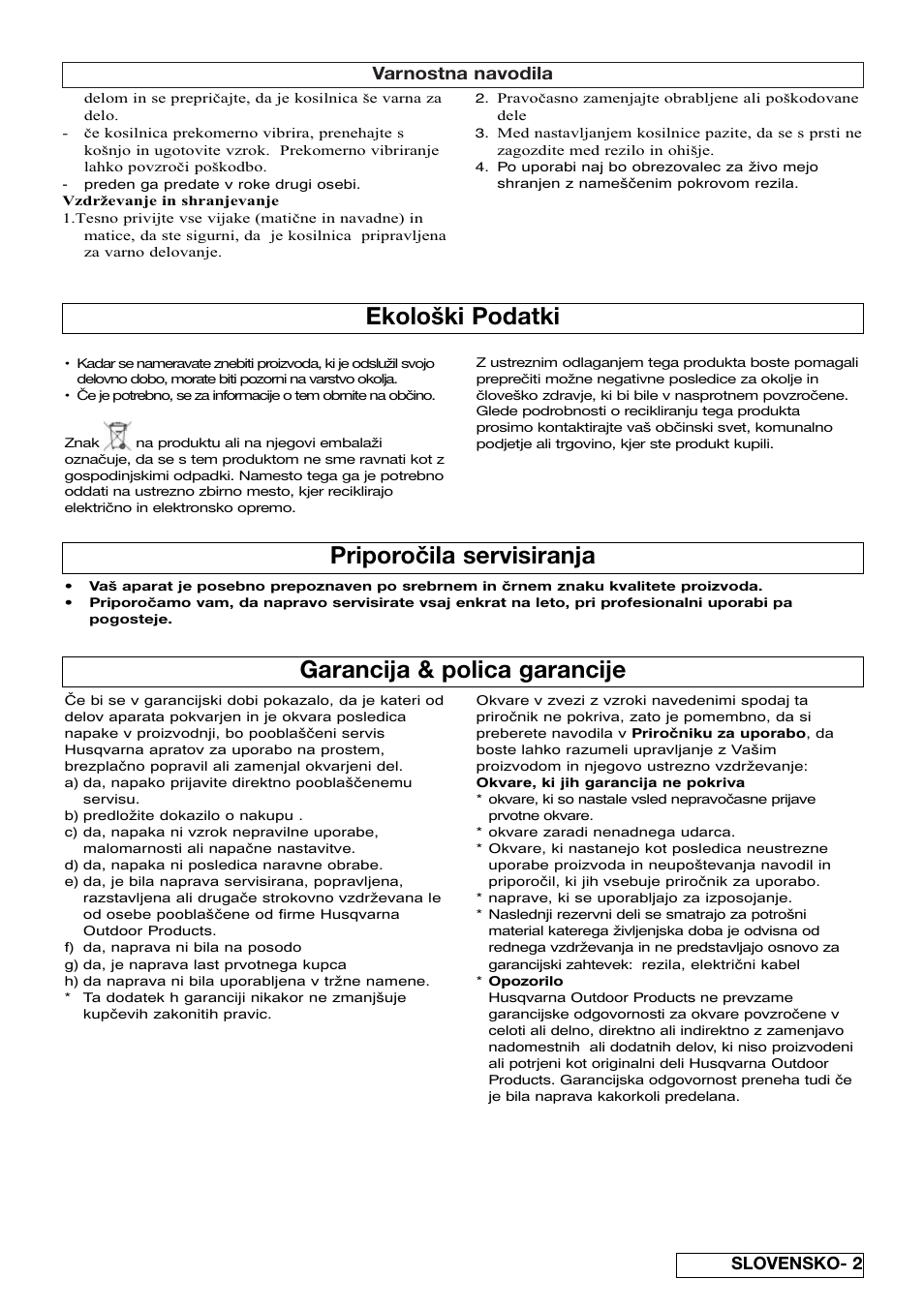 Garancija & polica garancije, Ekološki podatki, Priporočila servisiranja | Varnostna navodila, Slovensko- 2 | Flymo EASICUT 6000XT User Manual | Page 37 / 56