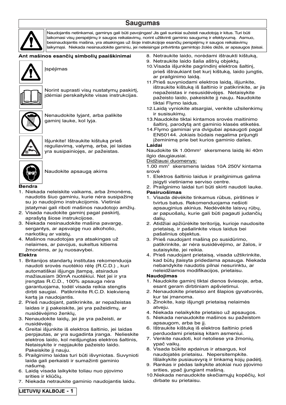 Saugumas | Flymo EASICUT 6000XT User Manual | Page 38 / 56
