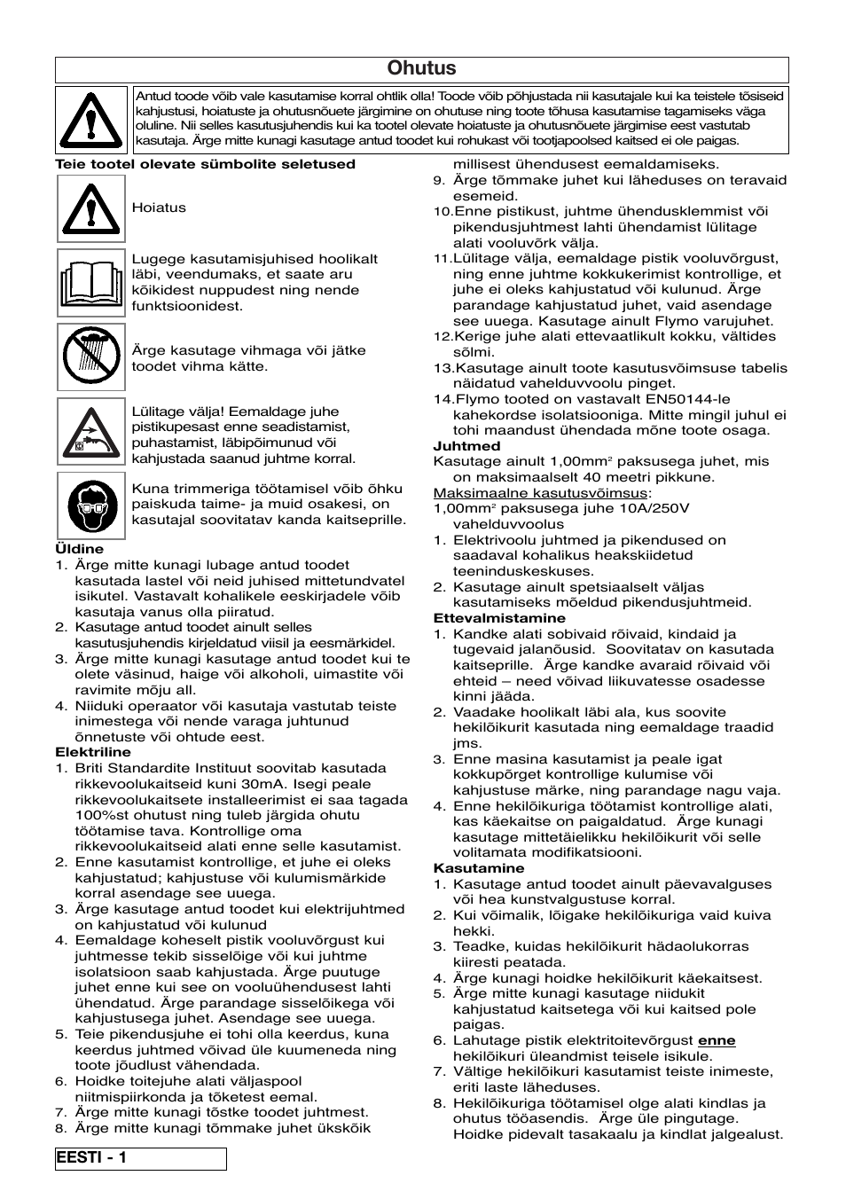 Ohutus, Eesti - 1 | Flymo EASICUT 6000XT User Manual | Page 42 / 56