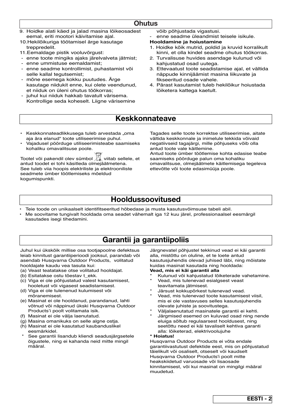 Keskkonnateave, Garantii ja garantiipoliis, Hooldussoovitused | Ohutus, Eesti - 2 | Flymo EASICUT 6000XT User Manual | Page 43 / 56