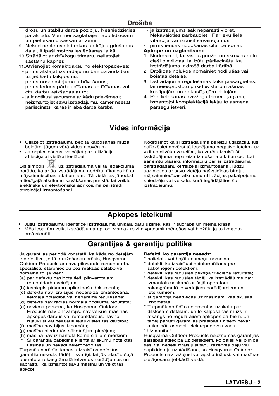 Vides inform◊cija, Garantijas & garantiju politika, Apkopes ieteikumi | Dro|œba, Latvie{u - 2 | Flymo EASICUT 6000XT User Manual | Page 45 / 56