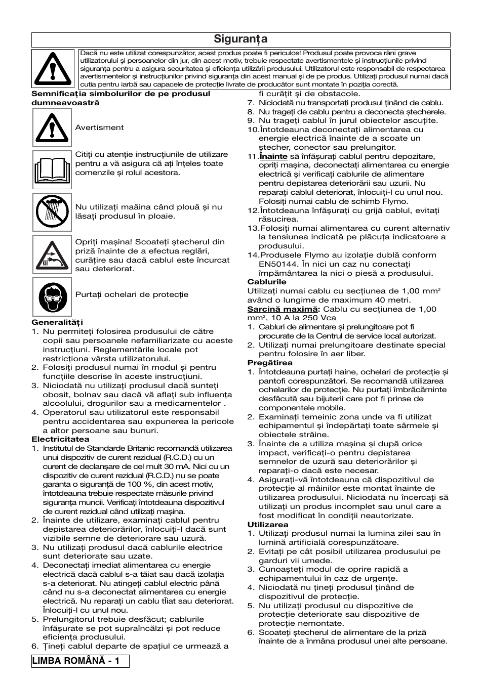 Siguranţa, Limba român^ - 1 | Flymo EASICUT 6000XT User Manual | Page 46 / 56